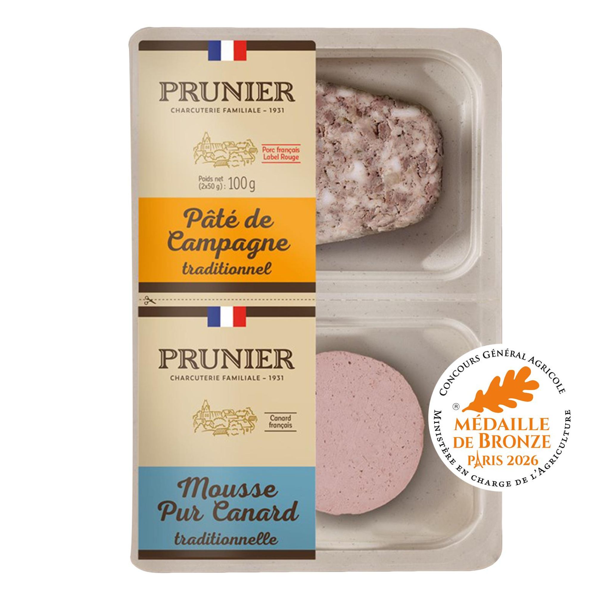 PRUNIER Pâté de campagne et mousse pur canard traditionnel 100g