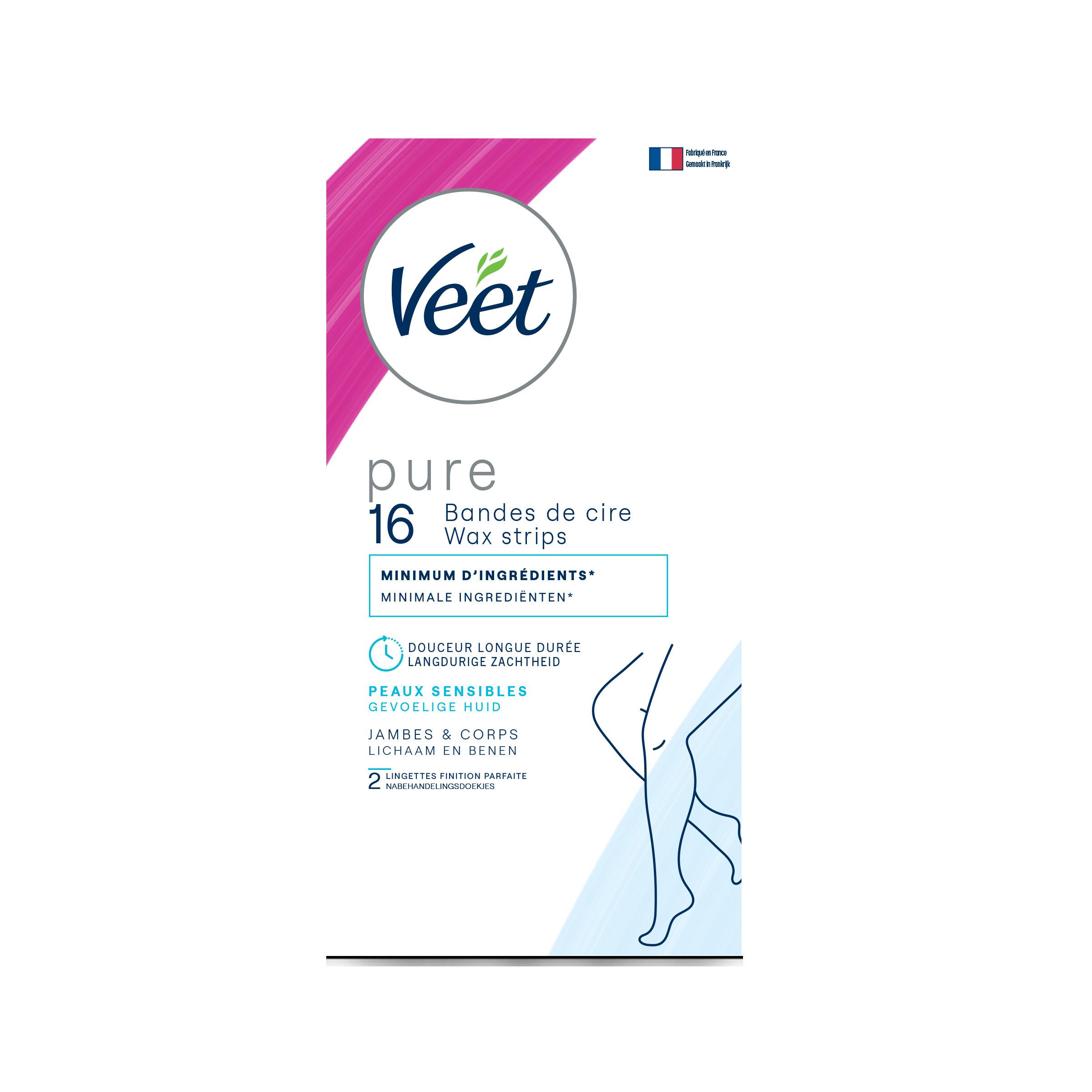 VEET Pure Bandes de cire jambes et corps peaux sensibles 16 pièces