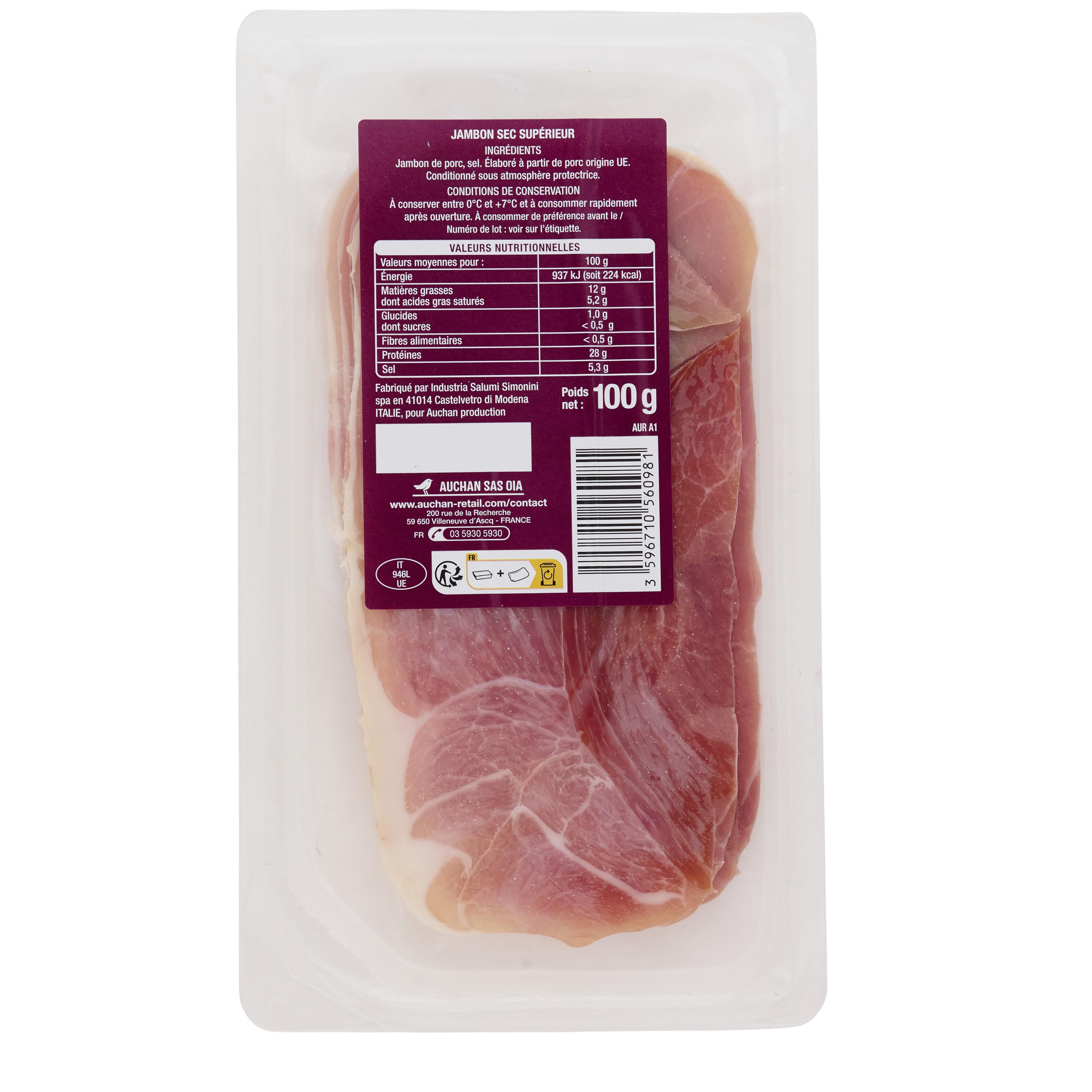 Voir la diapositive 2 : AUCHAN Jambon sec italien 6 tranches 100g
