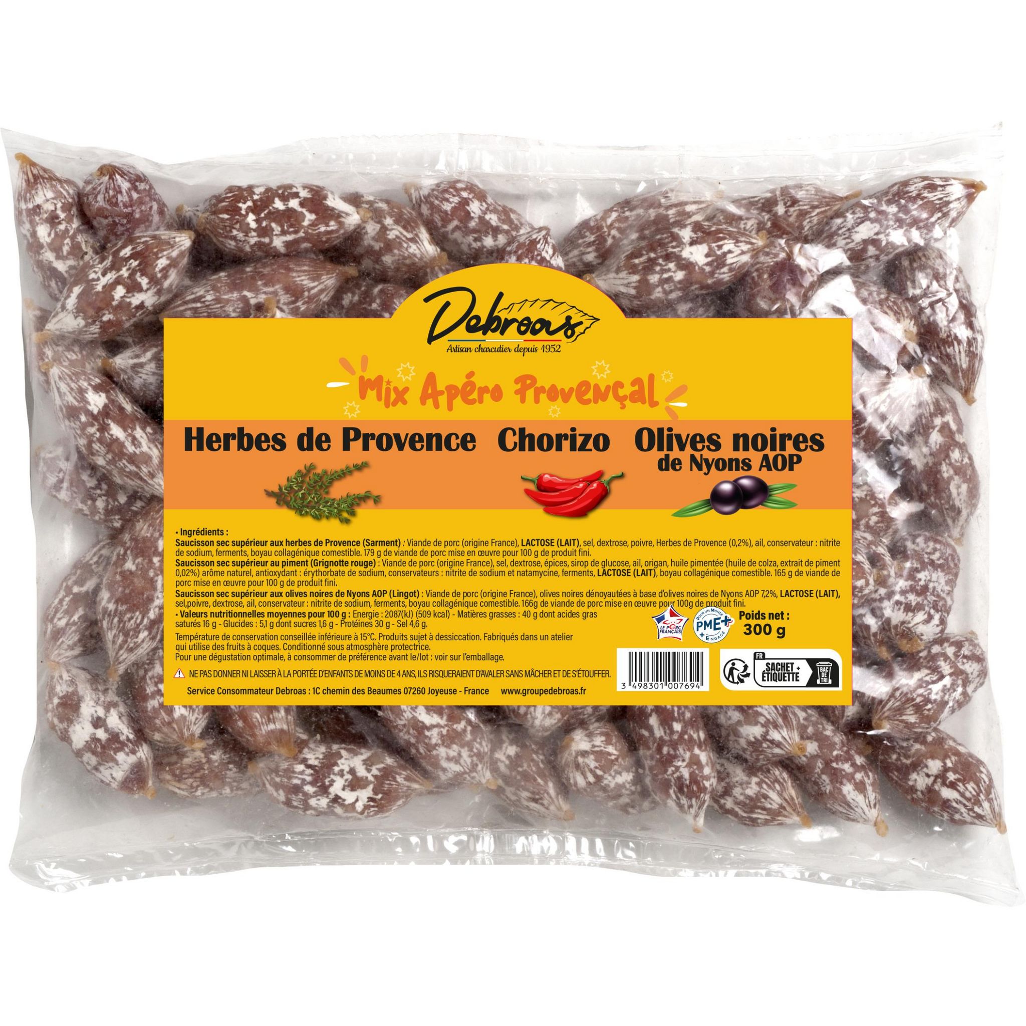 DEBROAS Mix Apéro Provençal, Herbes de Provence, Chorizo, Olives noires de Nyons AOP 300g