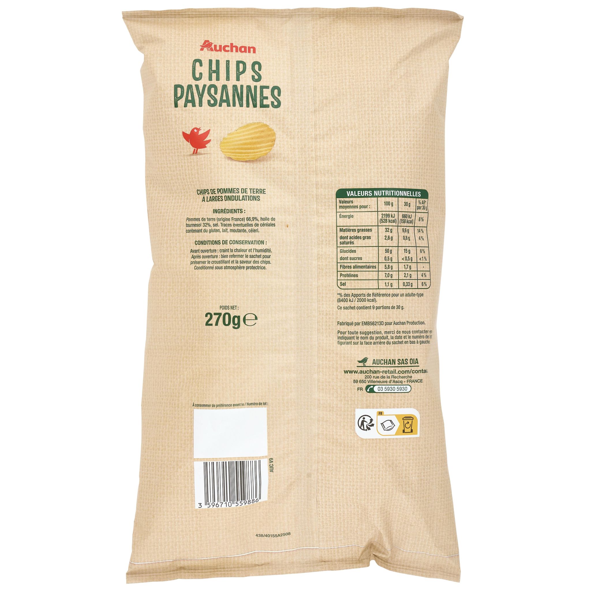 Voir la diapositive 2 : AUCHAN Chips ondulées paysannes 270g