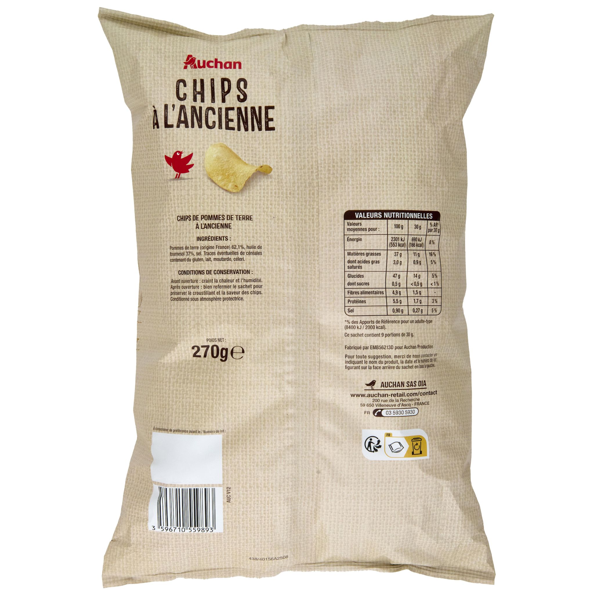 Voir la diapositive 2 : AUCHAN Chips à l'ancienne nature 270g