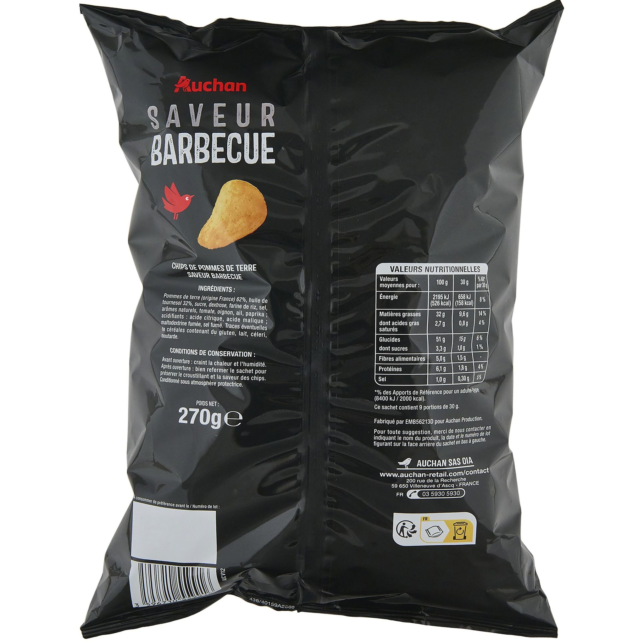 Voir la diapositive 2 : AUCHAN Chips saveur barbecue 270g