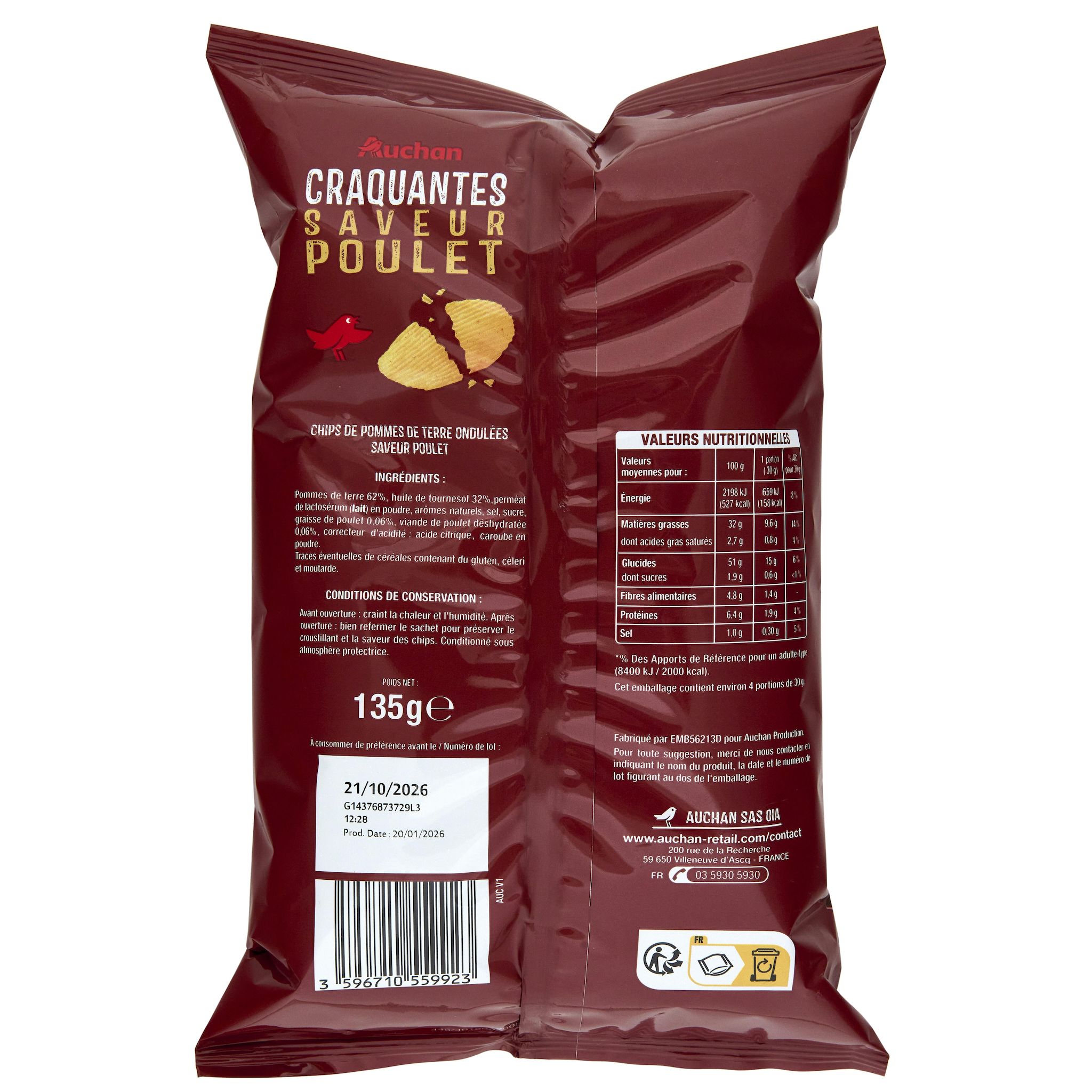 Voir la diapositive 2 : AUCHAN Chips craquantes saveur poulet 135g