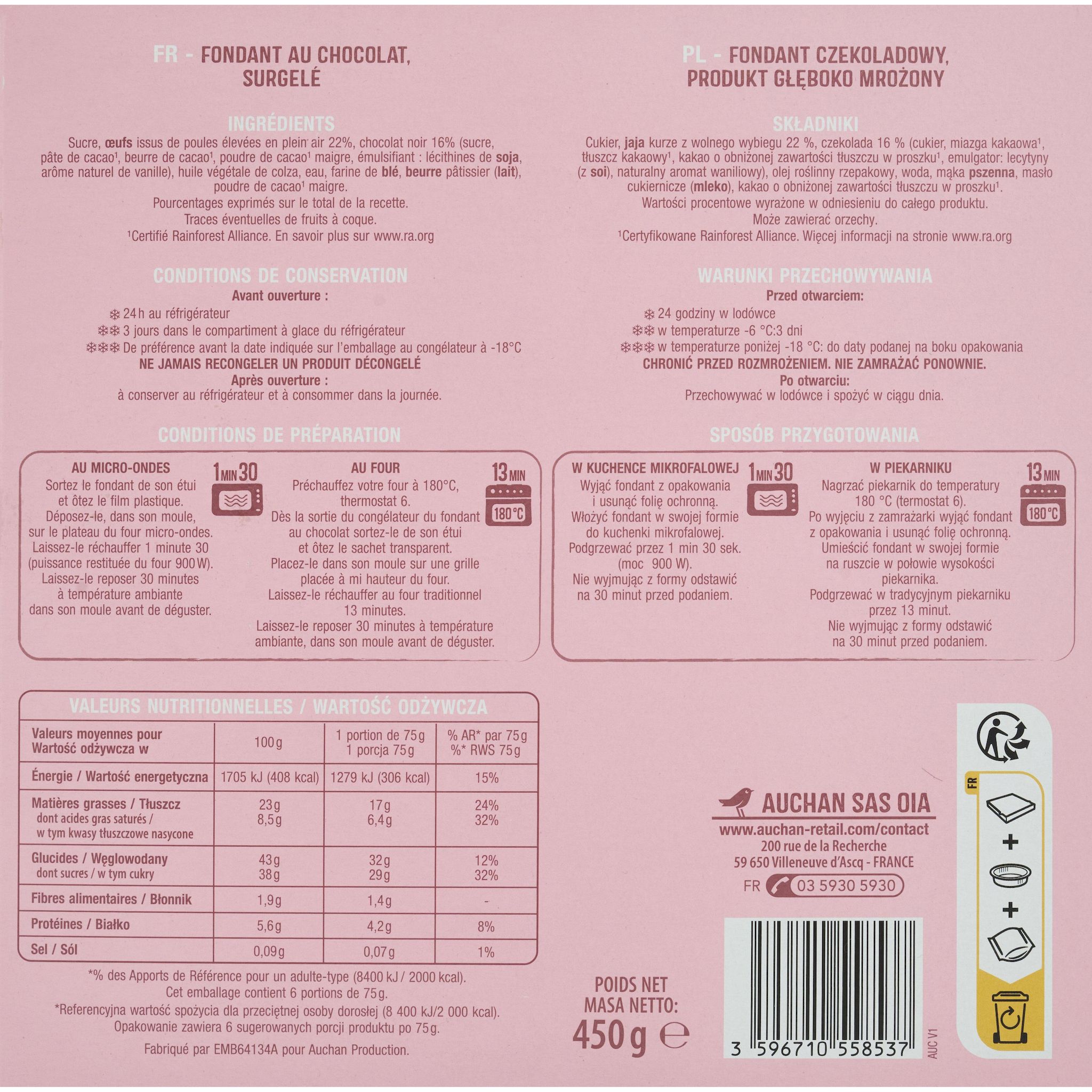 Voir la diapositive 3 : AUCHAN Fondant au chocolat 450g