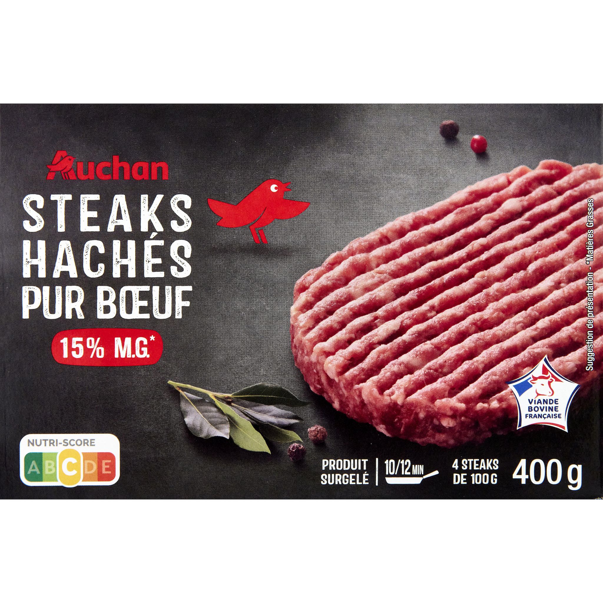 AUCHAN Steak haché pur boeuf 15%mg 4x100g