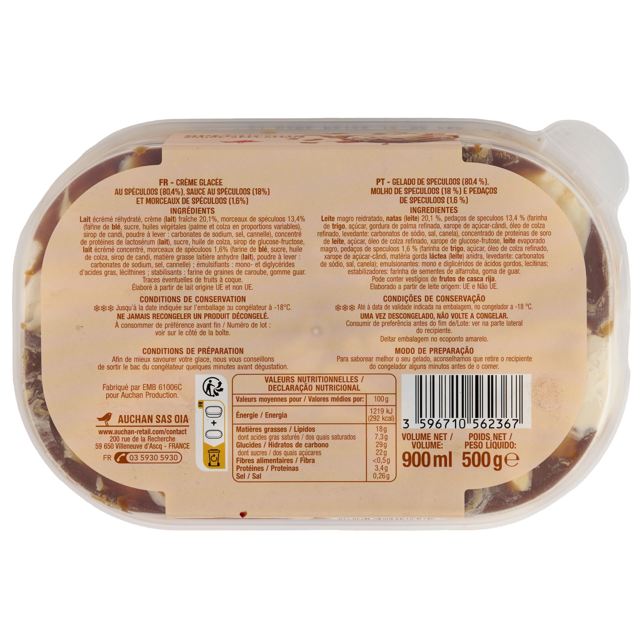 Voir la diapositive 3 : AUCHAN Crème glacée au spéculoos 500g