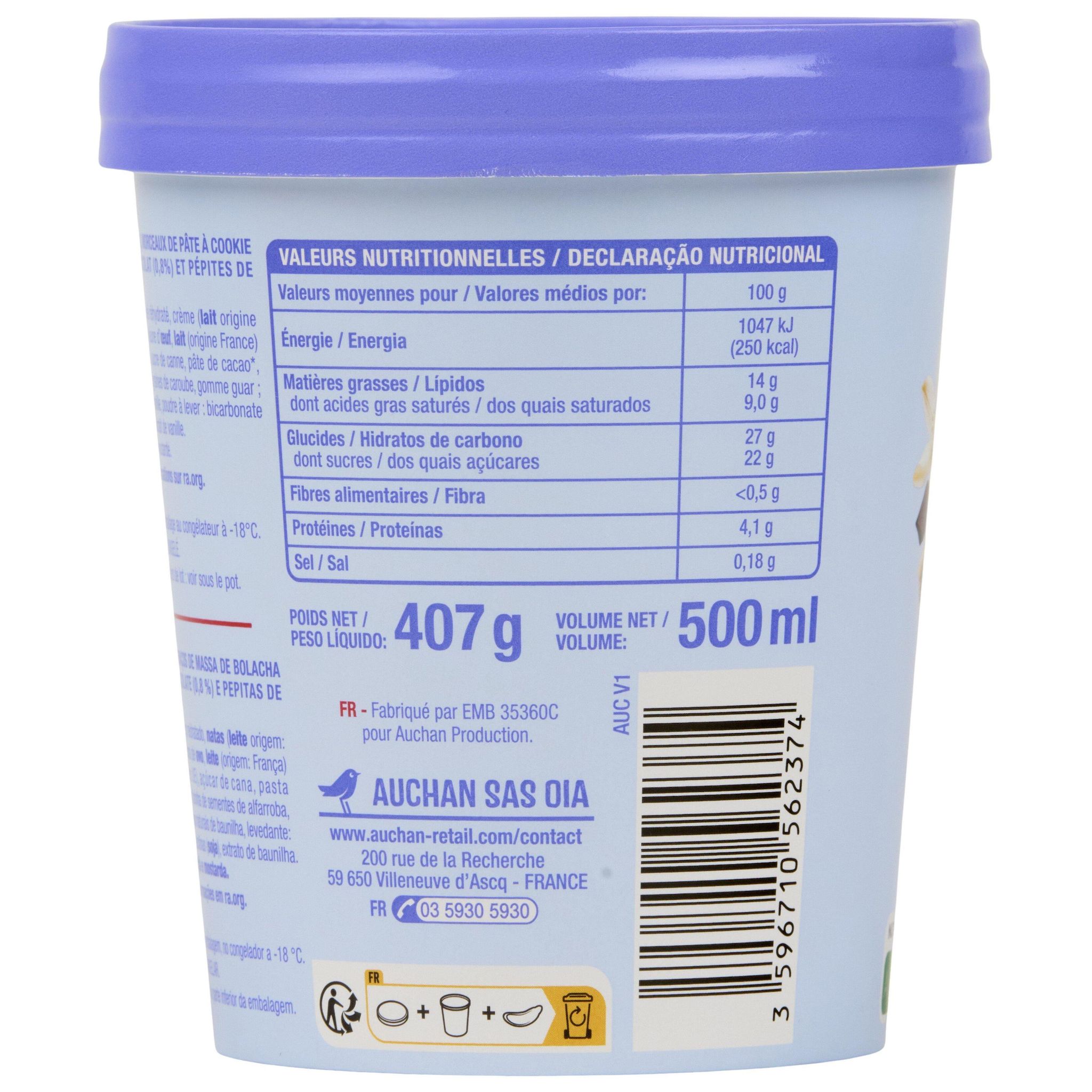 Voir la diapositive 5 : AUCHAN Pot de crème glacée cookie dough 407g