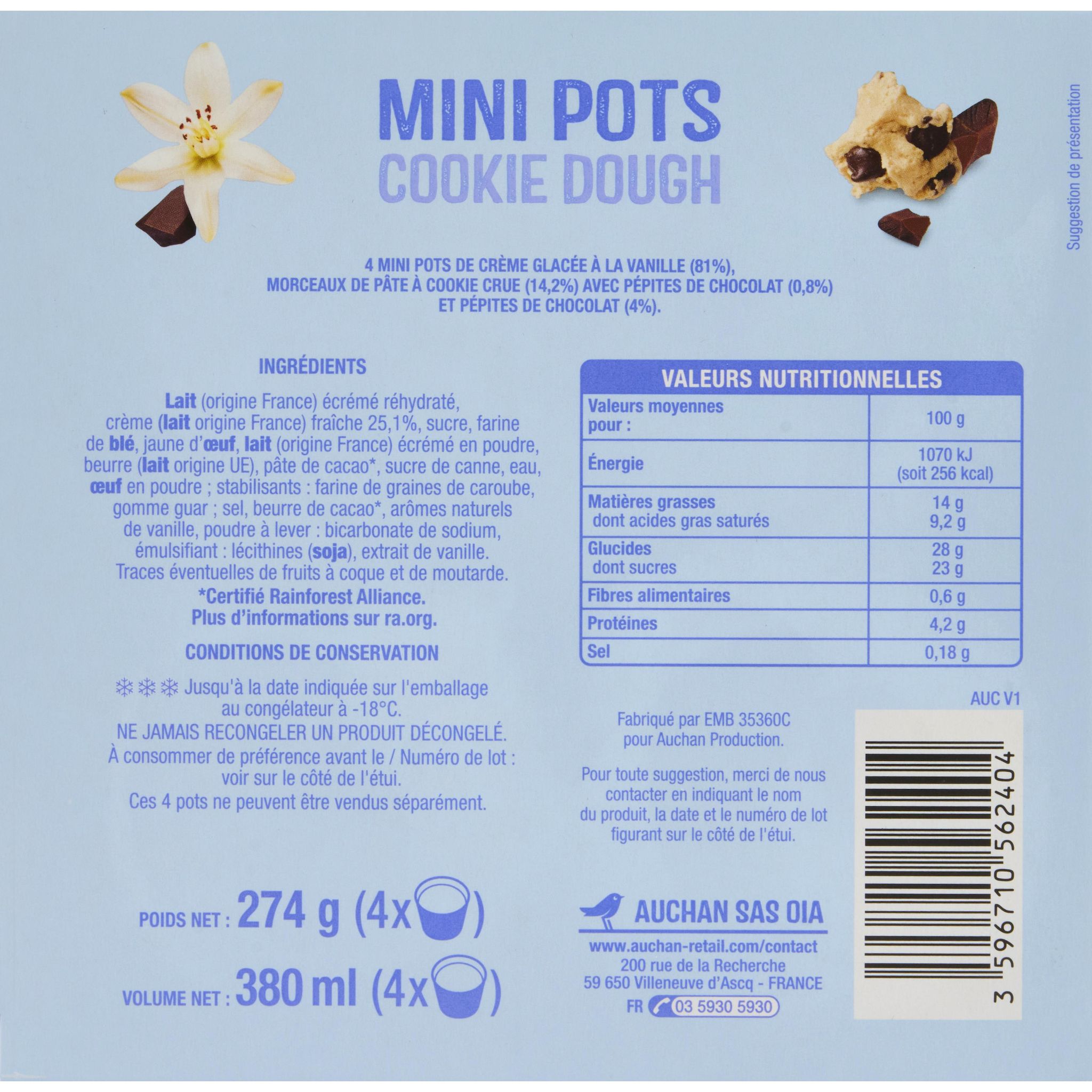 Voir la diapositive 3 : AUCHAN Mini pots de crème glacée Cookies Dough 4x68.5g