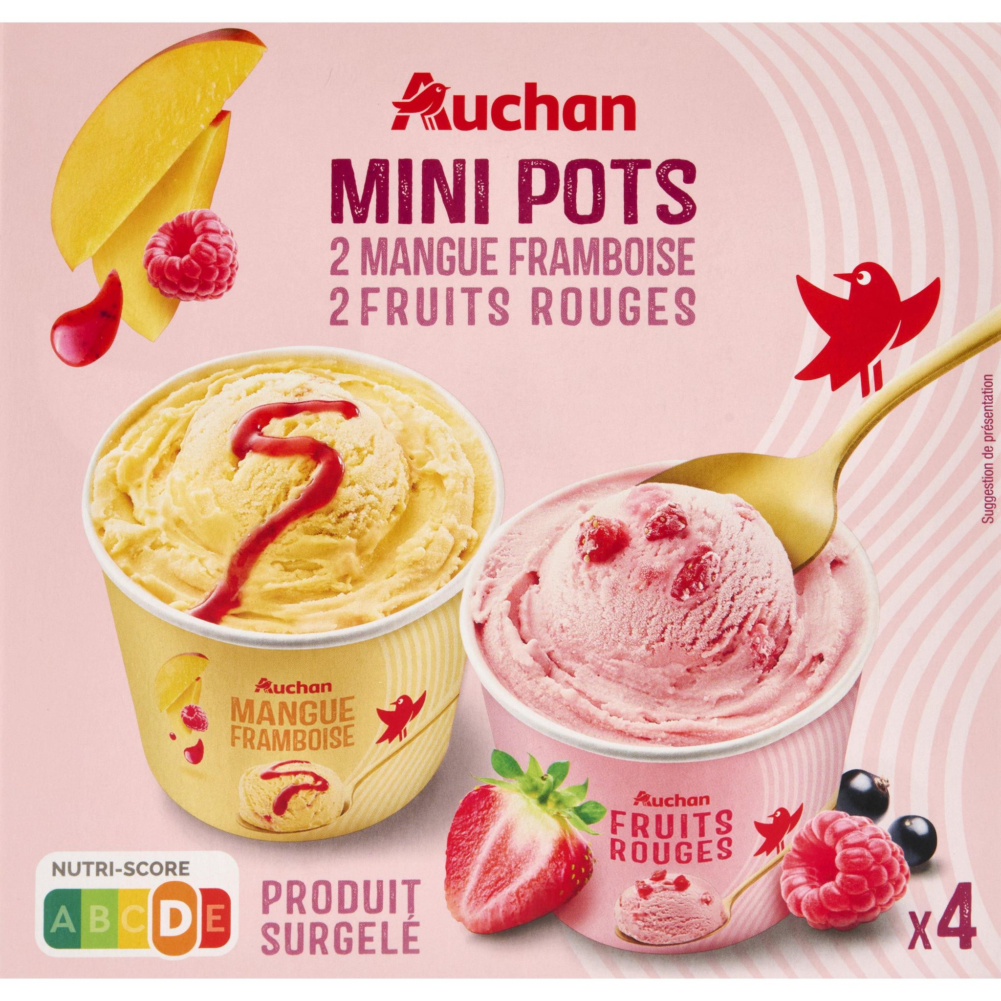 AUCHAN Mini pots mangue framboise fruits rouges 4 pots 324g