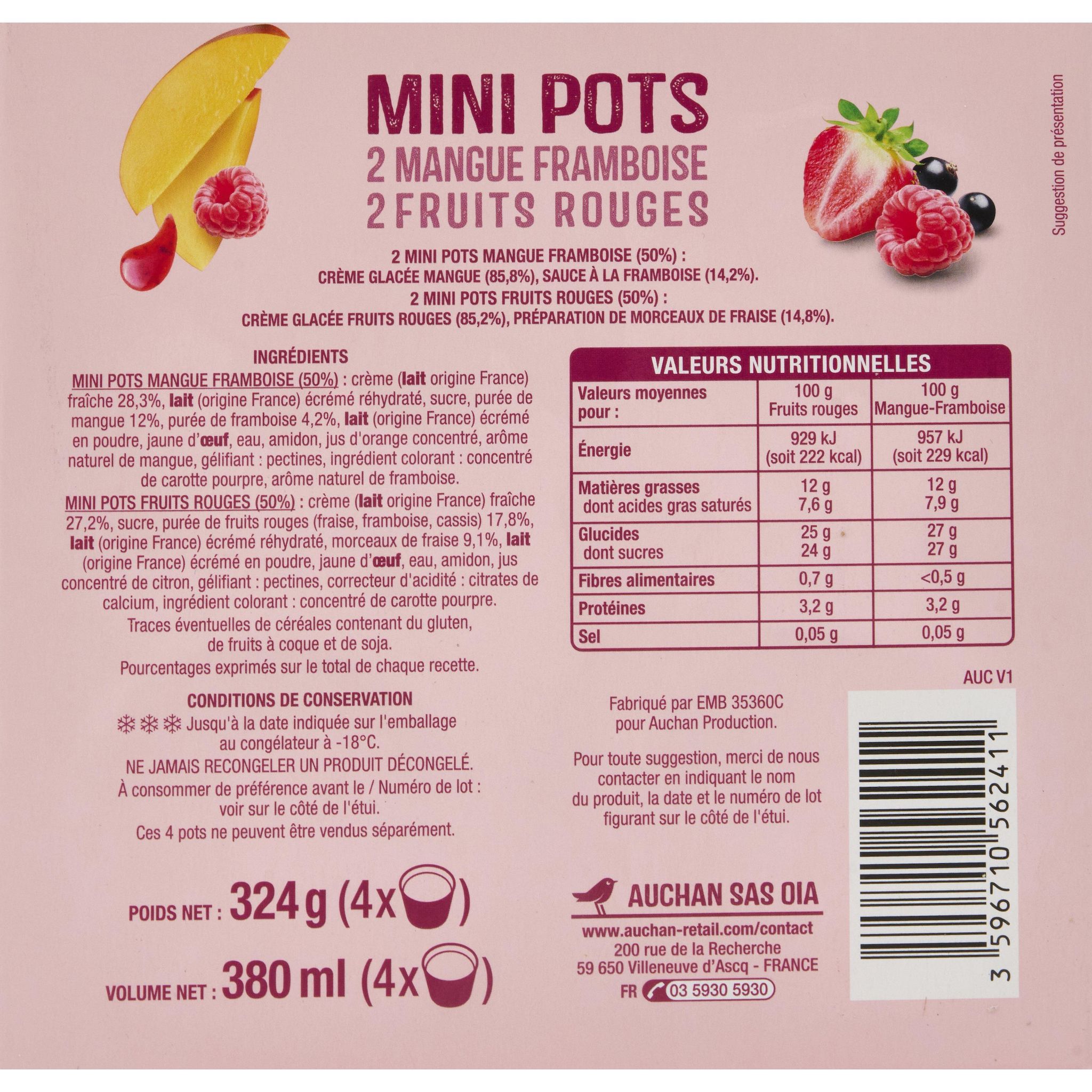 Voir la diapositive 2 : AUCHAN Mini pots mangue framboise fruits rouges 4 pots 324g
