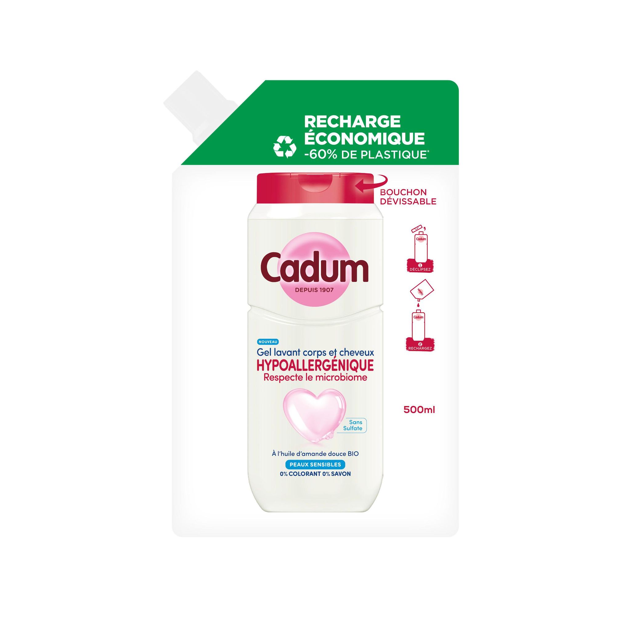 CADUM Eco recharge Gel lavant corps et cheveux hypoallergénique 500ml