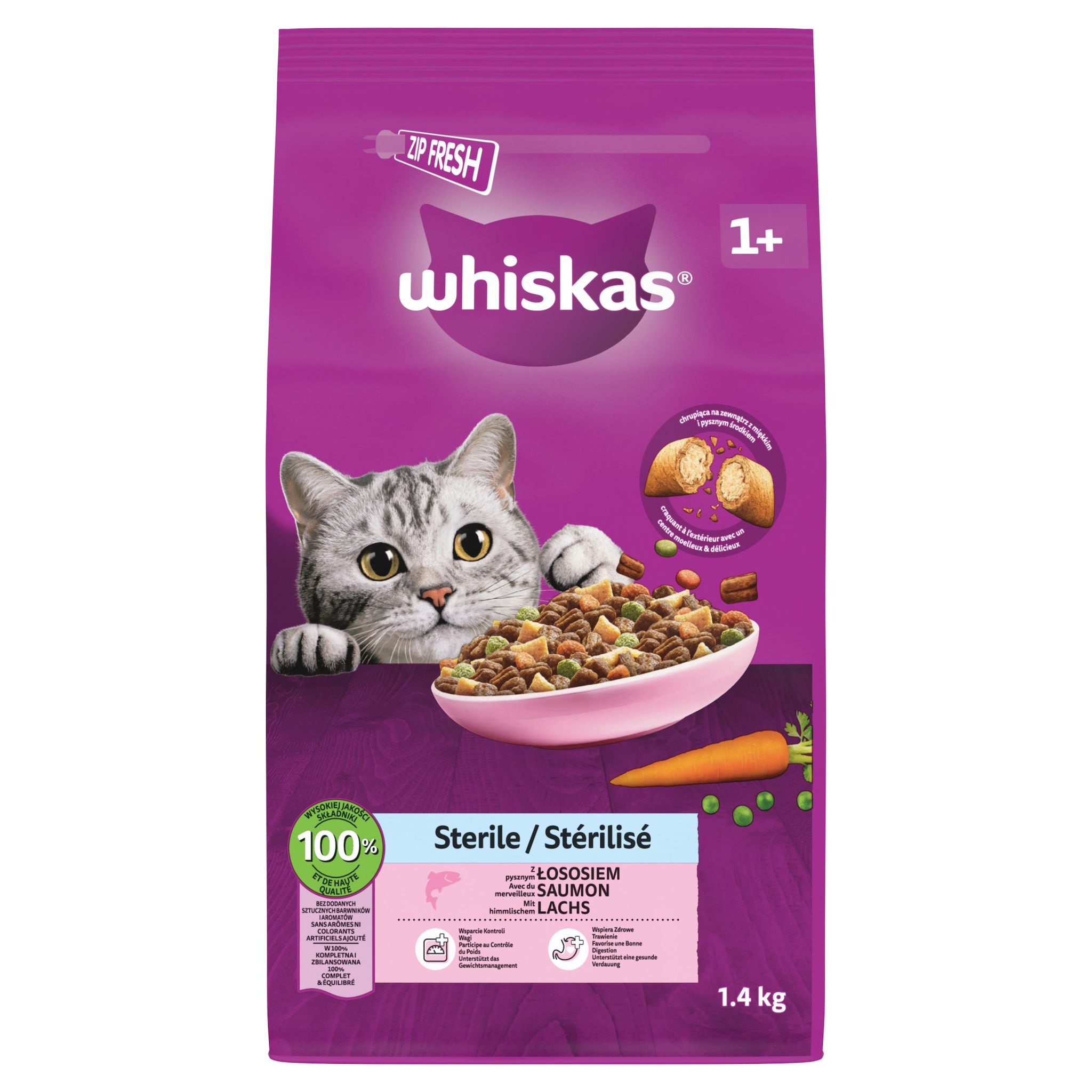 WHISKAS Croquettes au saumon pour chat adulte stérilisé 1.4kg