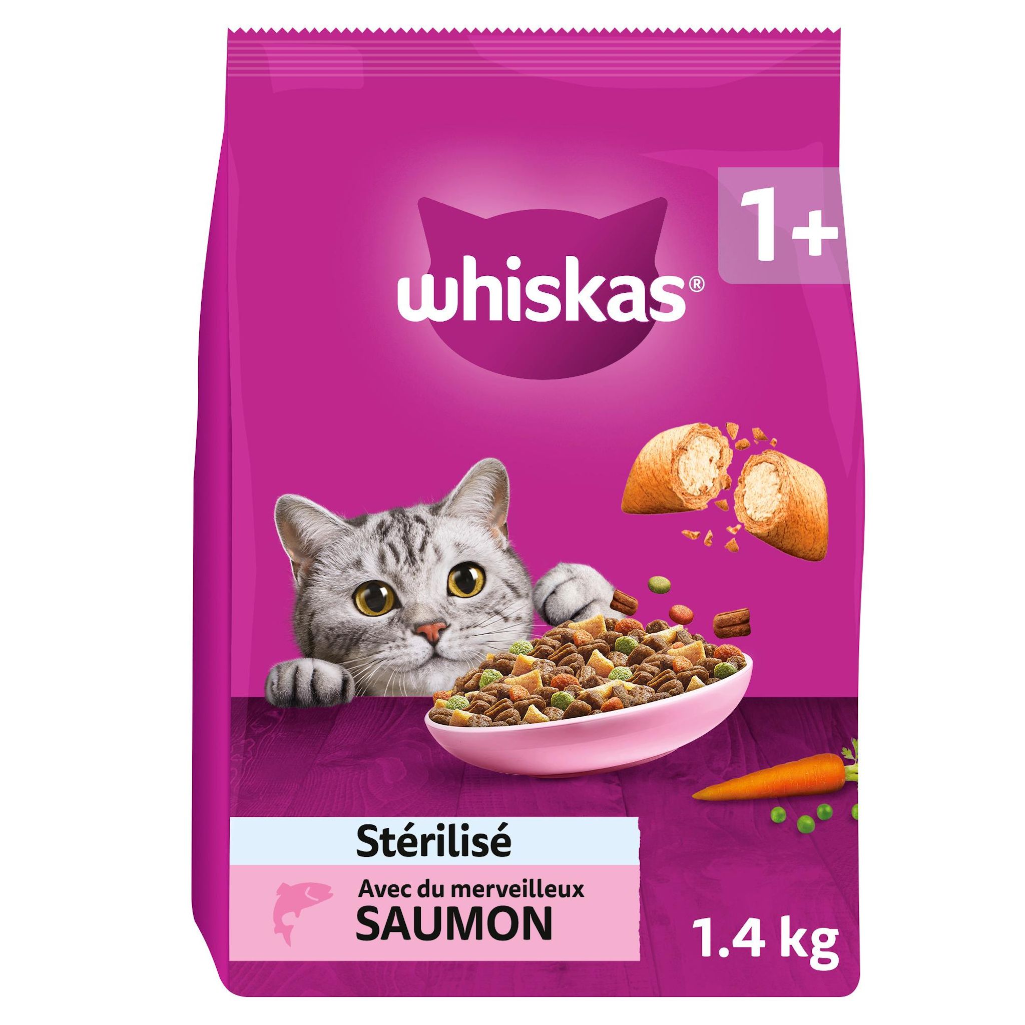 Voir la diapositive 2 : WHISKAS Croquettes au saumon pour chat adulte stérilisé 1.4kg