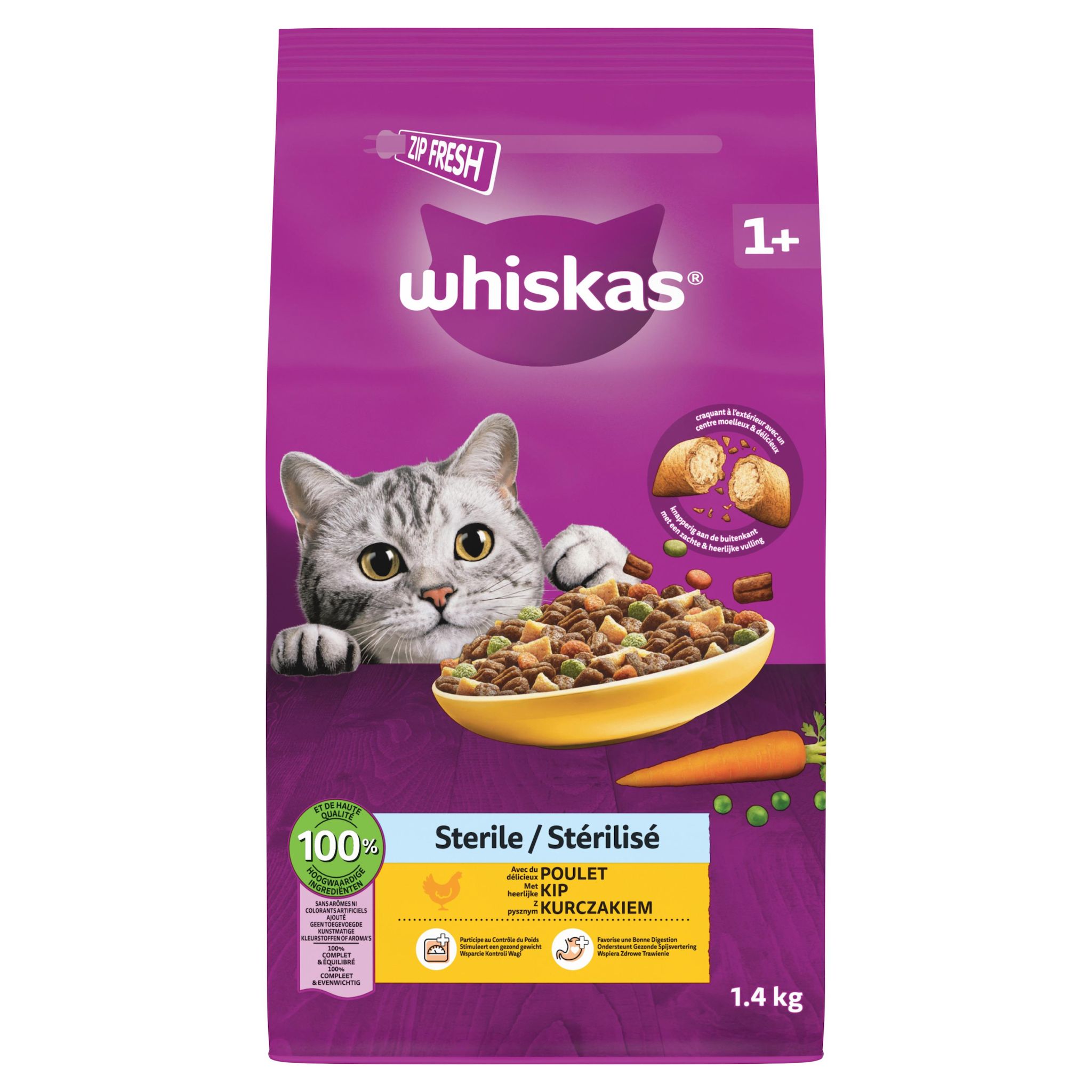 WHISKAS Croquettes au poulet pour chat adulte stérilisé 1.4kg