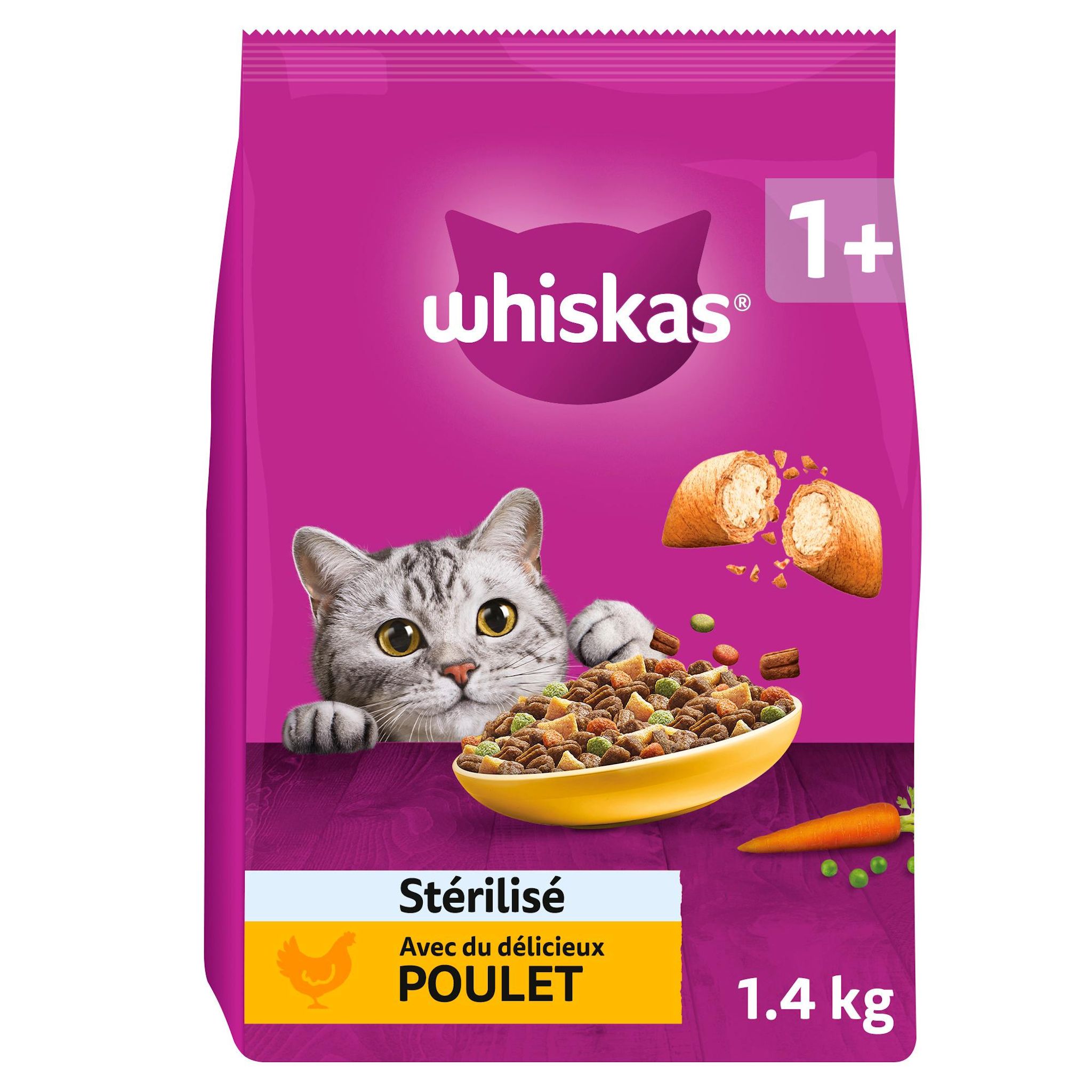 Voir la diapositive 2 : WHISKAS Croquettes au poulet pour chat adulte stérilisé 1.4kg