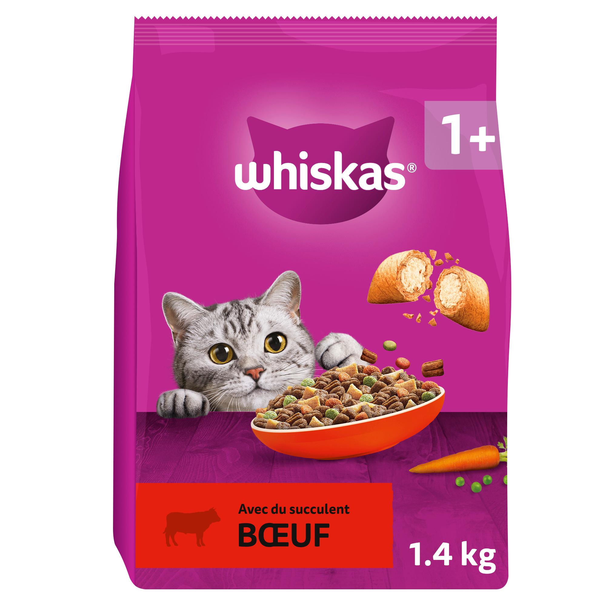 Voir la diapositive 2 : WHISKAS Croquettes au boeuf pour chat adulte 1.4kg
