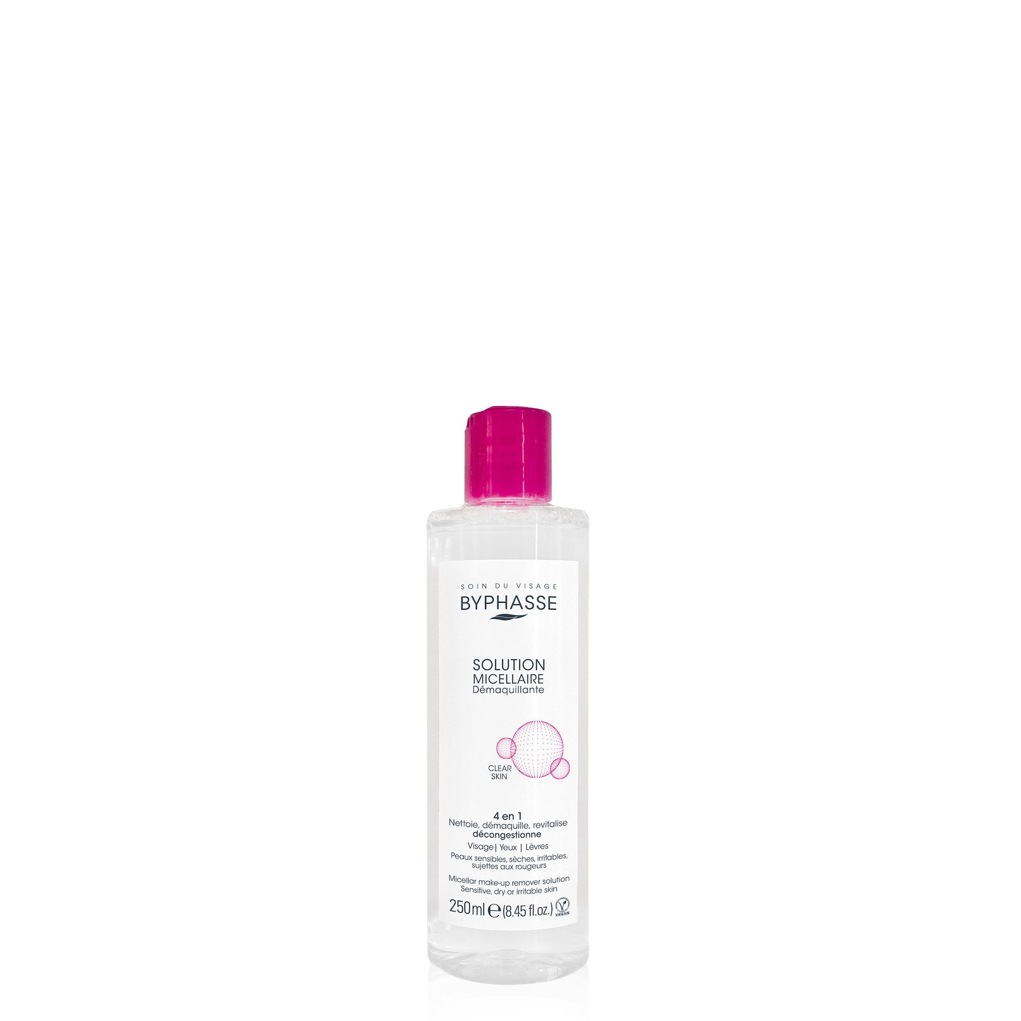 BYPHASSE Solution micellaire démaquillante clear skin 4 en 1 peaux sensibles, sèches, irritables, sujettes aux rougeurs 250ml