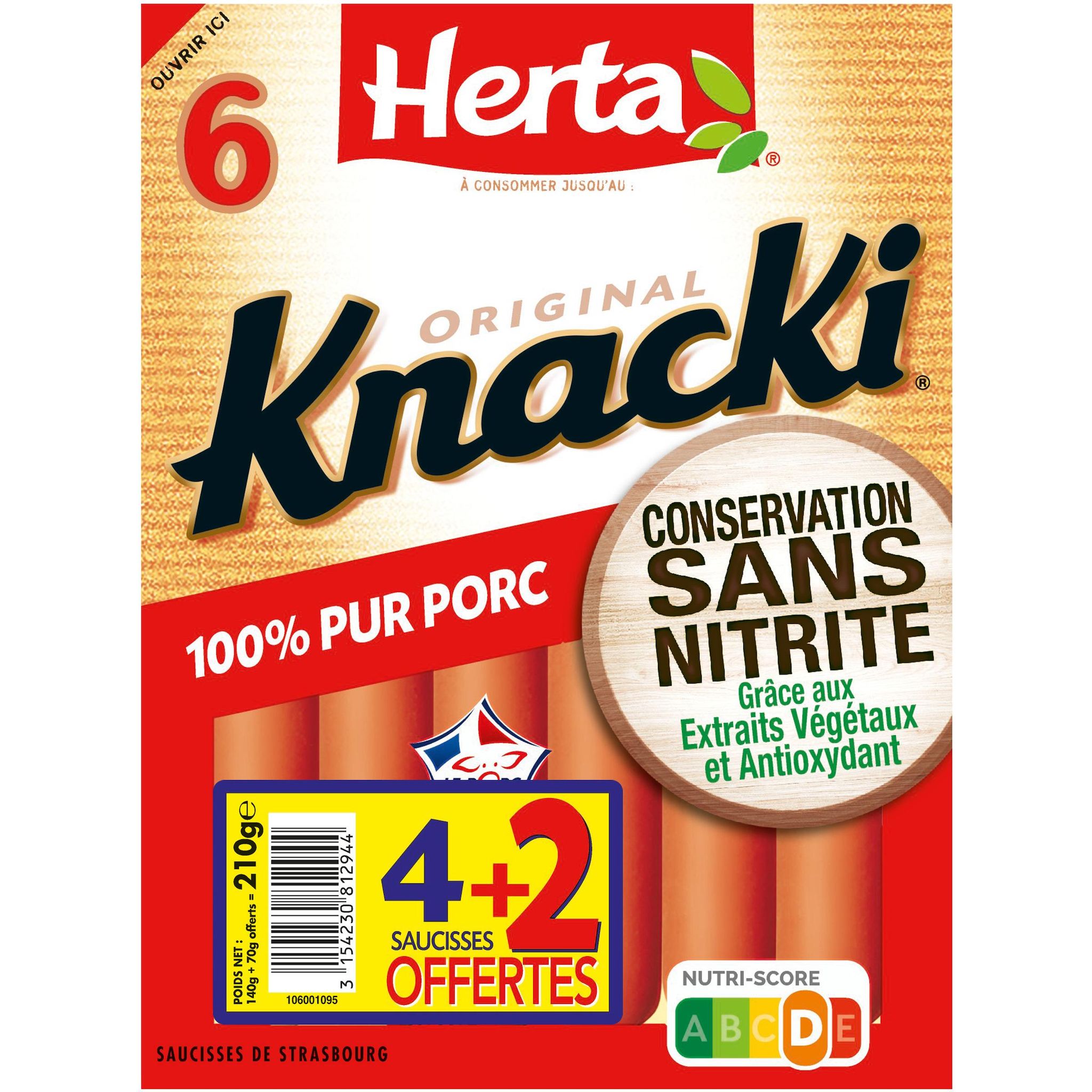 HERTA Knacki saucisses de strasbourg sans nitrite 6 pièces 210g FORMAT PROMO