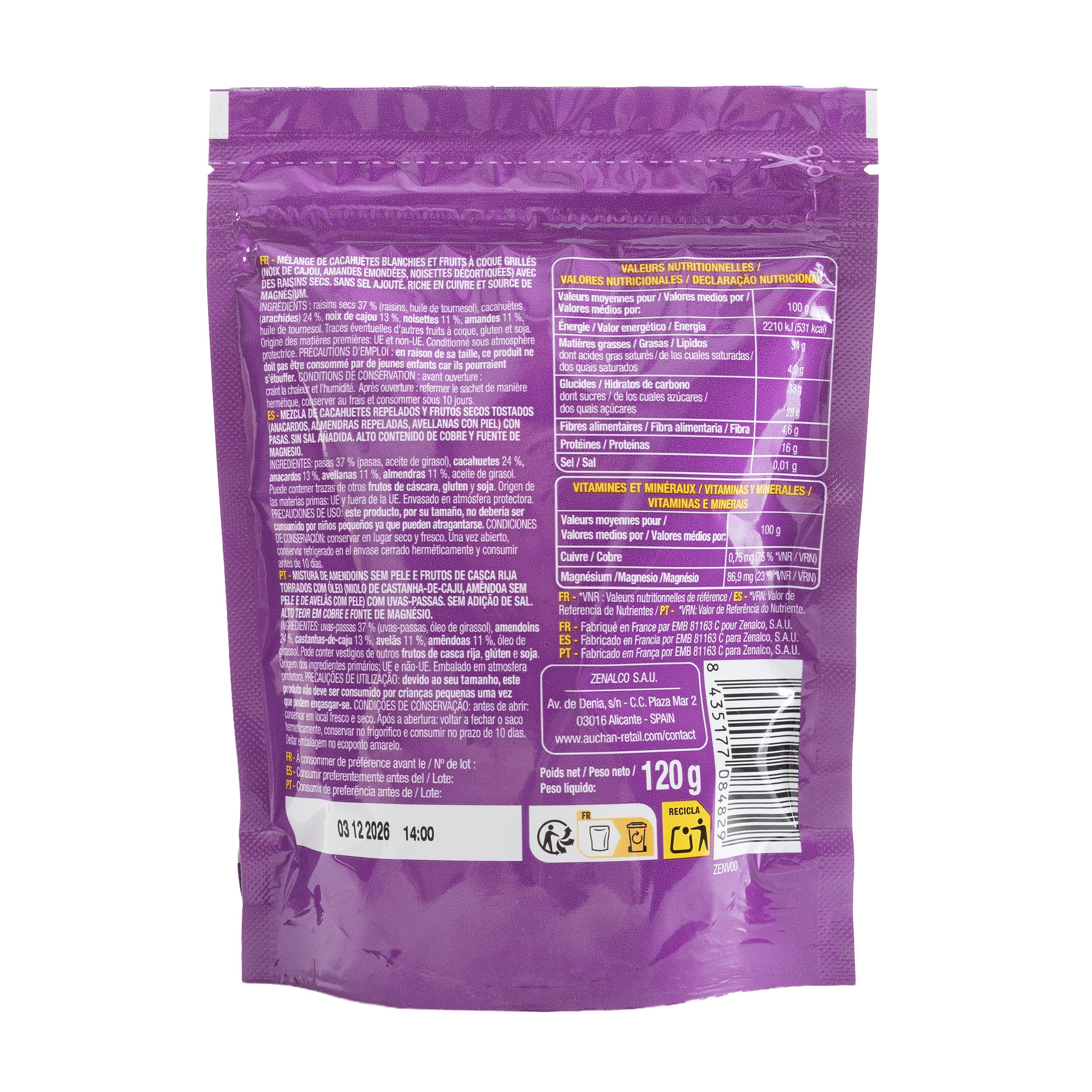 Voir la diapositive 2 : AUCHAN Mix inspiration avec raisins secs cacahuètes noix de cajou noisettes et amandes sans sel ajouté 120g