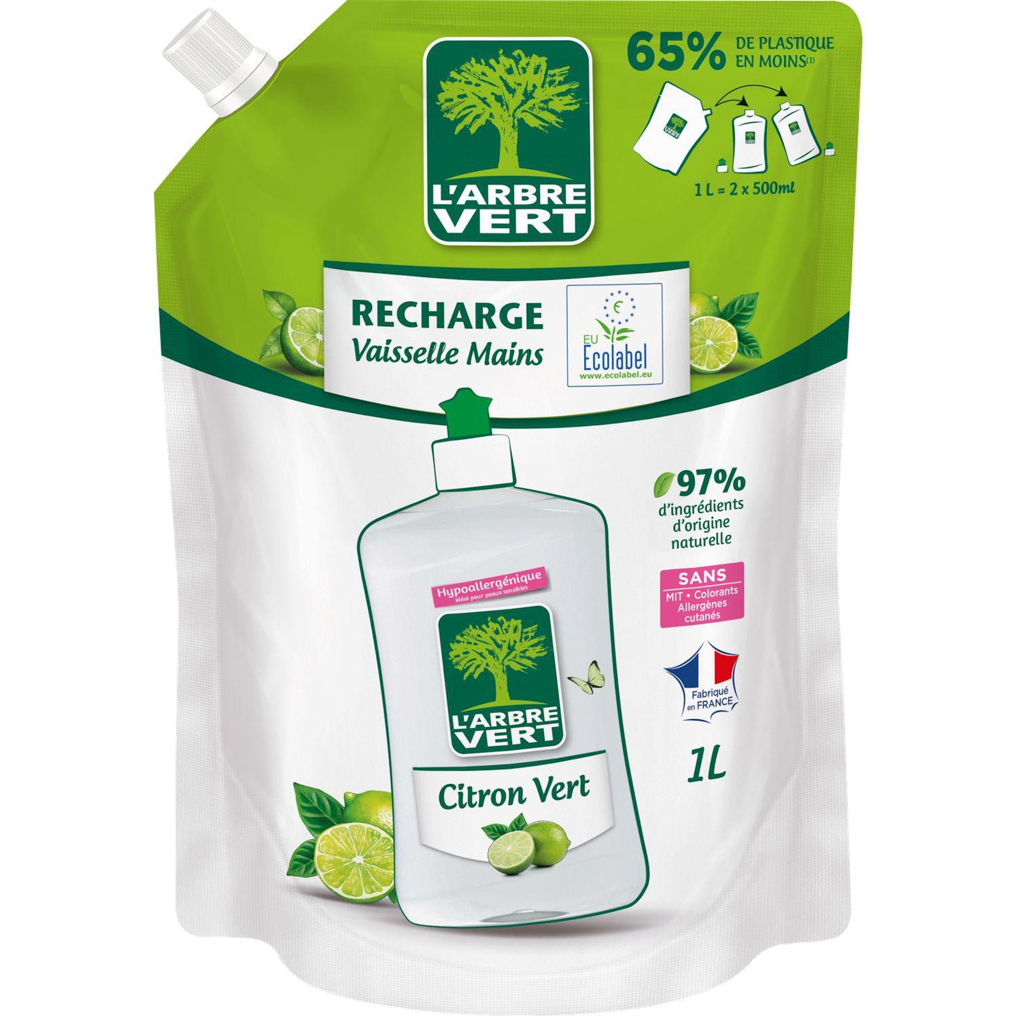 L'ARBRE VERT Recharge liquide vaisselle hypoallergénique citron vert ecolabel 1l