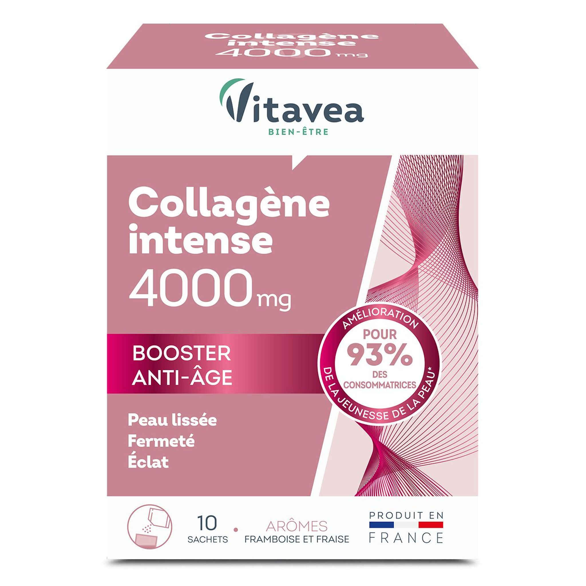 VITAVEA Collagène intense 4000 mg booster anti-âge arômes framboise et fraise 10 sachets 50g