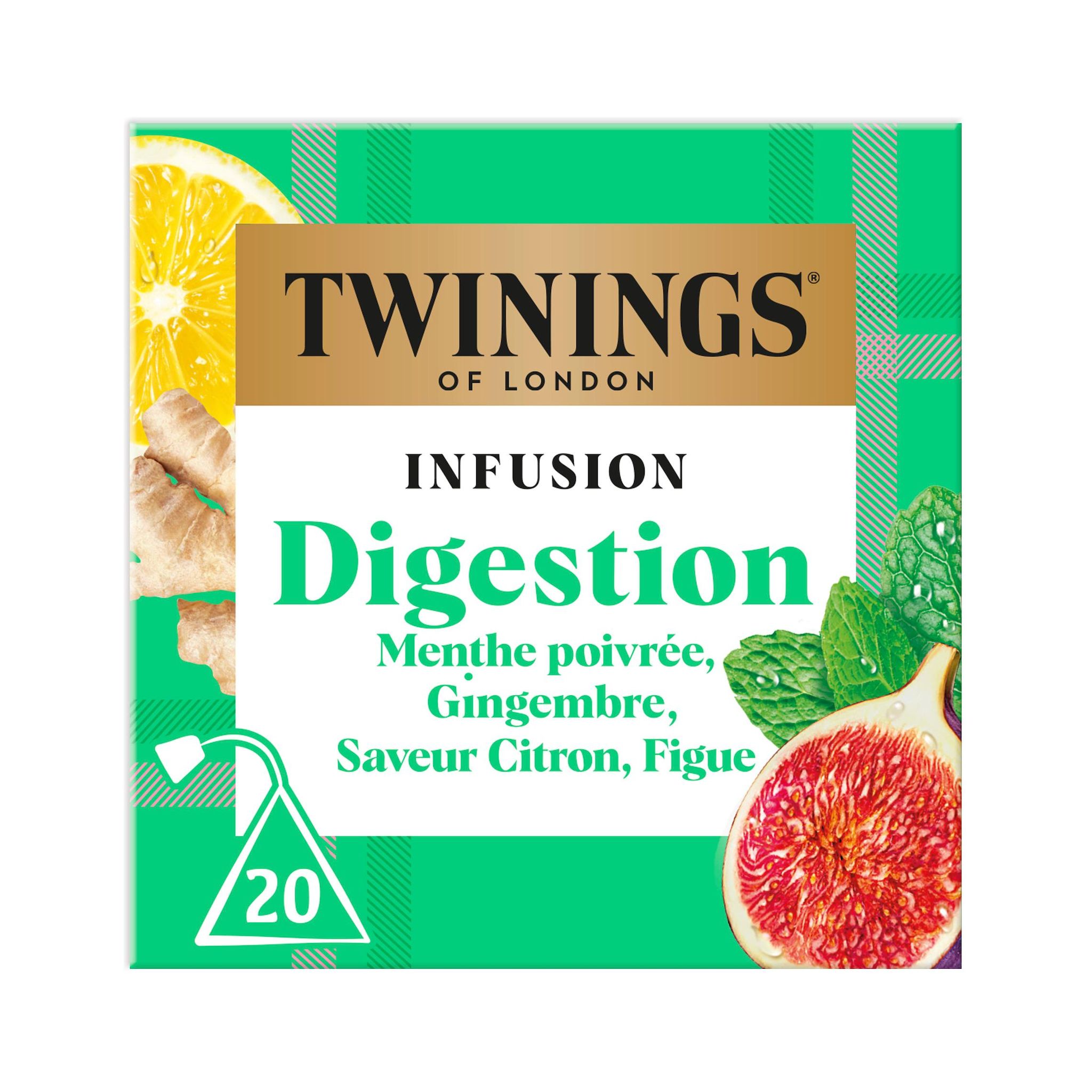 TWININGS Infusion Digestion à la menthe poivrée et gingembre saveur citron et figue 20 sachets 32g
