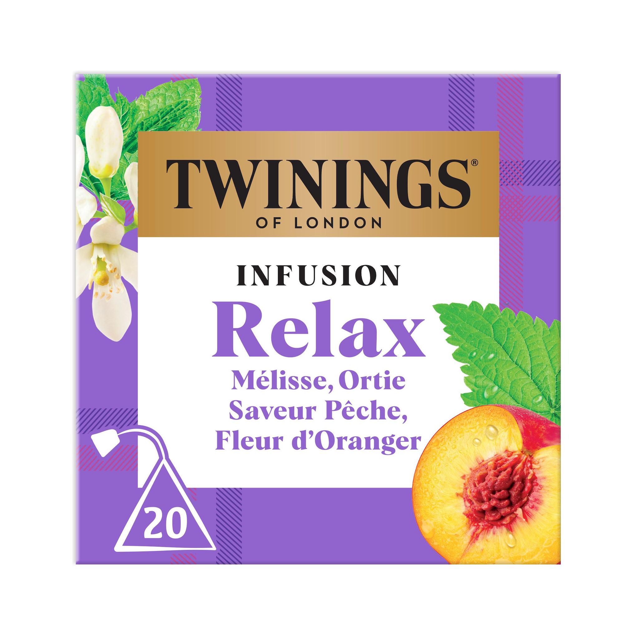 TWININGS Infusion Relax avec mélisse ortie saveur pêche et fleur d'oranger 20 sachets 32g