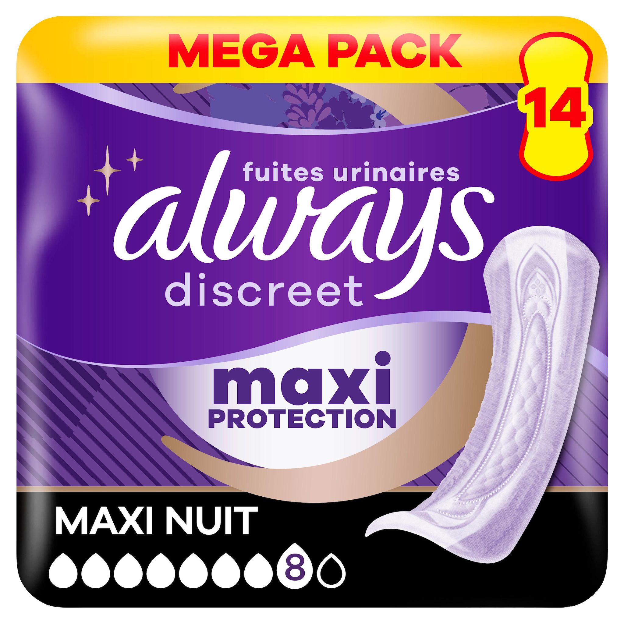 ALWAYS Discreet Serviettes pour fuites urinaires maxi nuit 14 serviettes