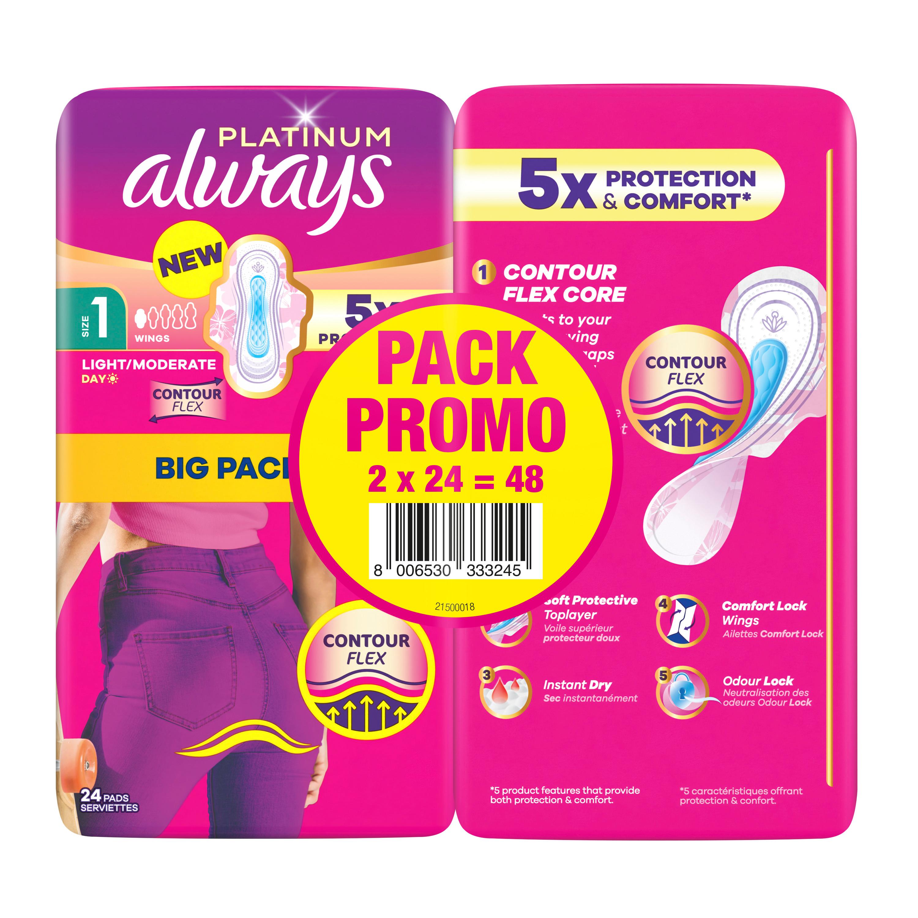 ALWAYS Platinum Serviettes hygiéniques jour flux léger modéré taille 1 48 serviettes