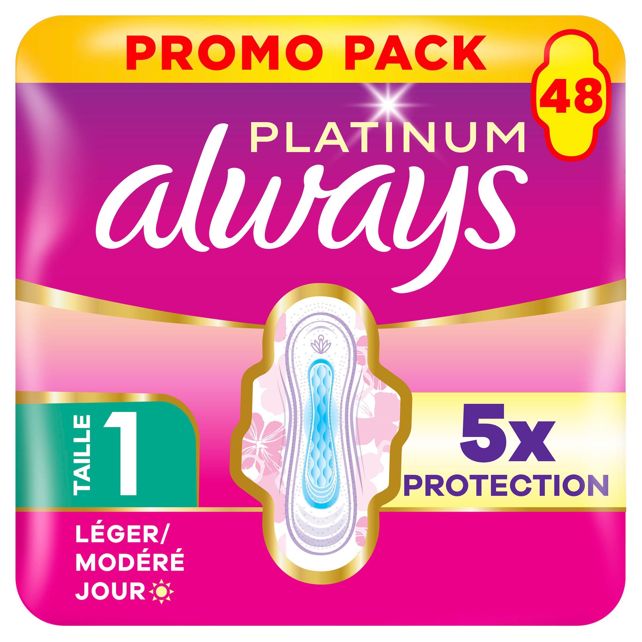 ALWAYS Platinum Serviettes hygiéniques jour flux léger modéré taille 1 48 serviettes