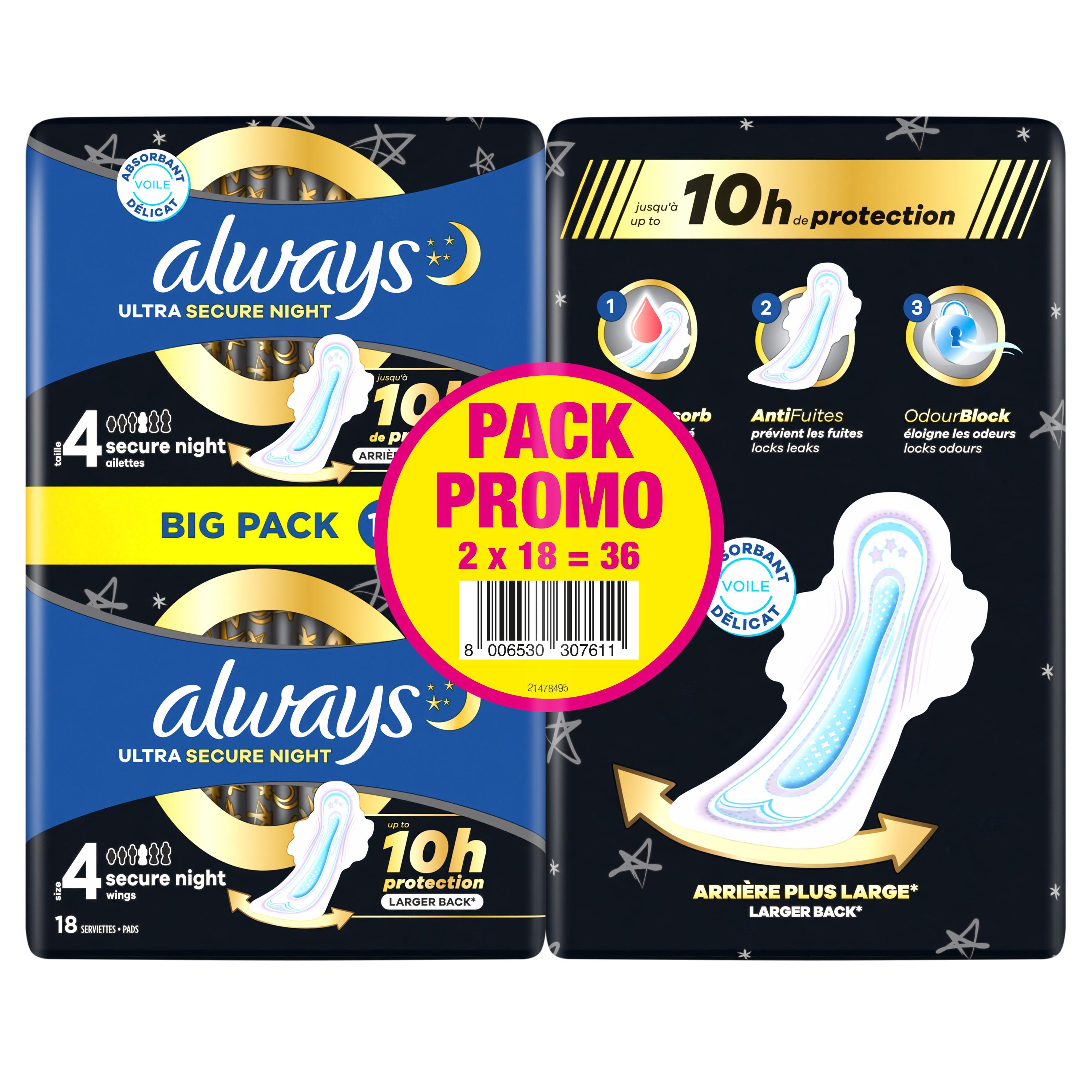 ALWAYS Ultra night Serviettes hygiéniques secure night taille 4 36 serviettes