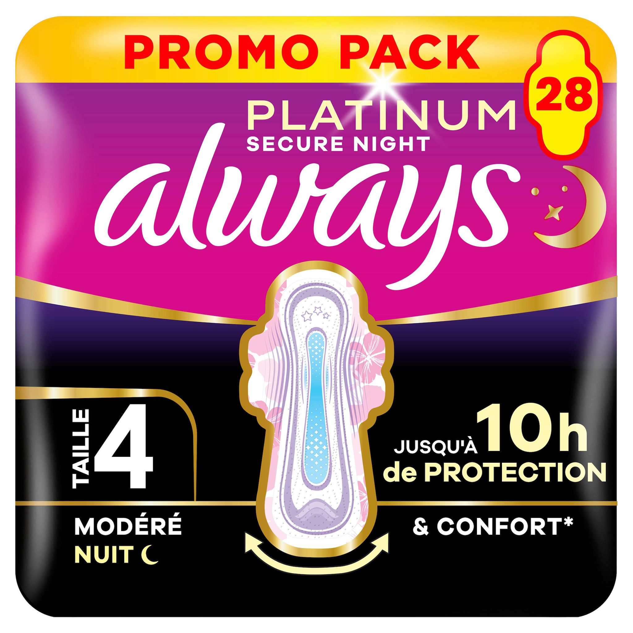 ALWAYS Platinum Serviettes hygiéniques nuit flux modéré taille 4 28 serviettes