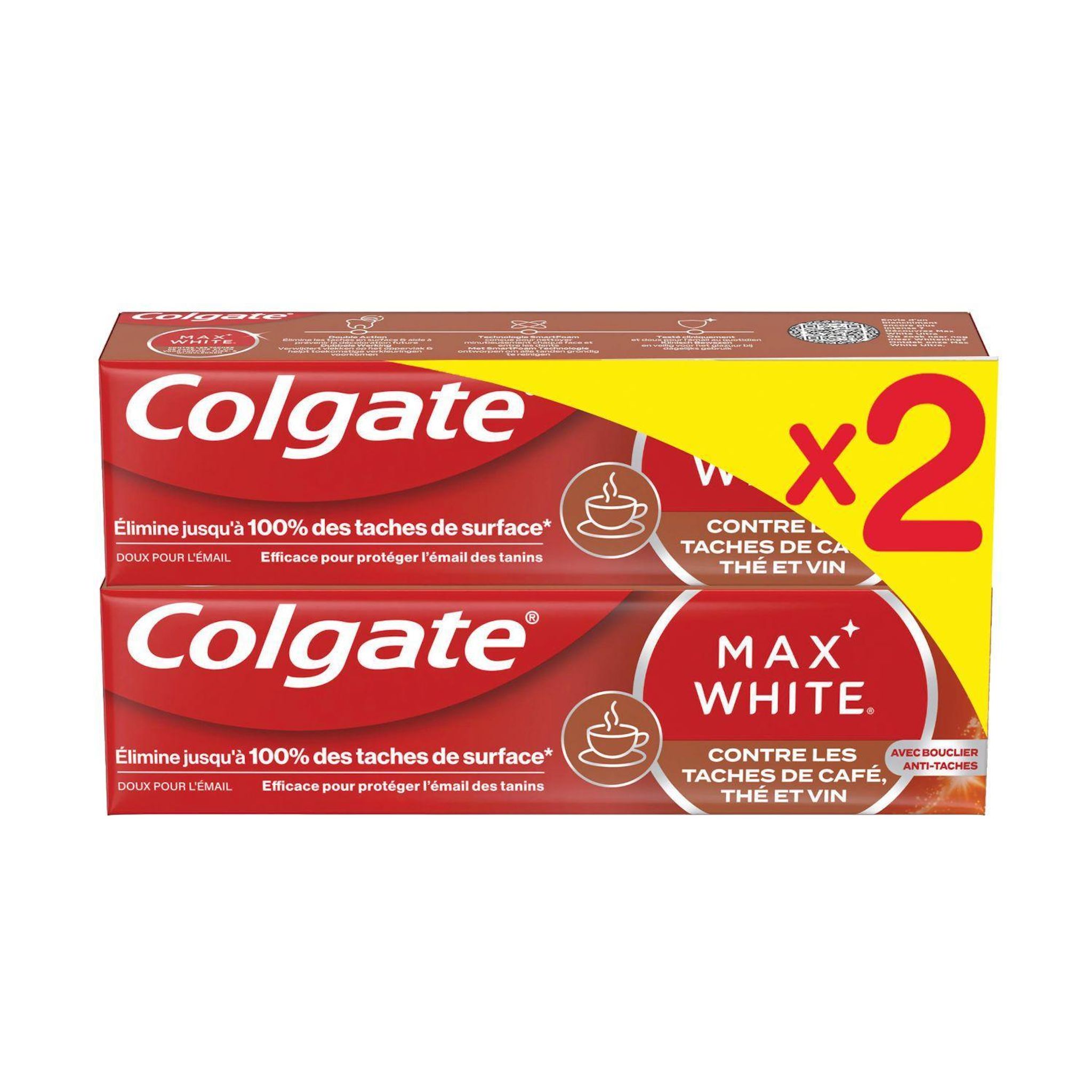 COLGATE Max White Dentifrice contre les taches de café, thé, vin avec bouclier anti-taches 2x75ml