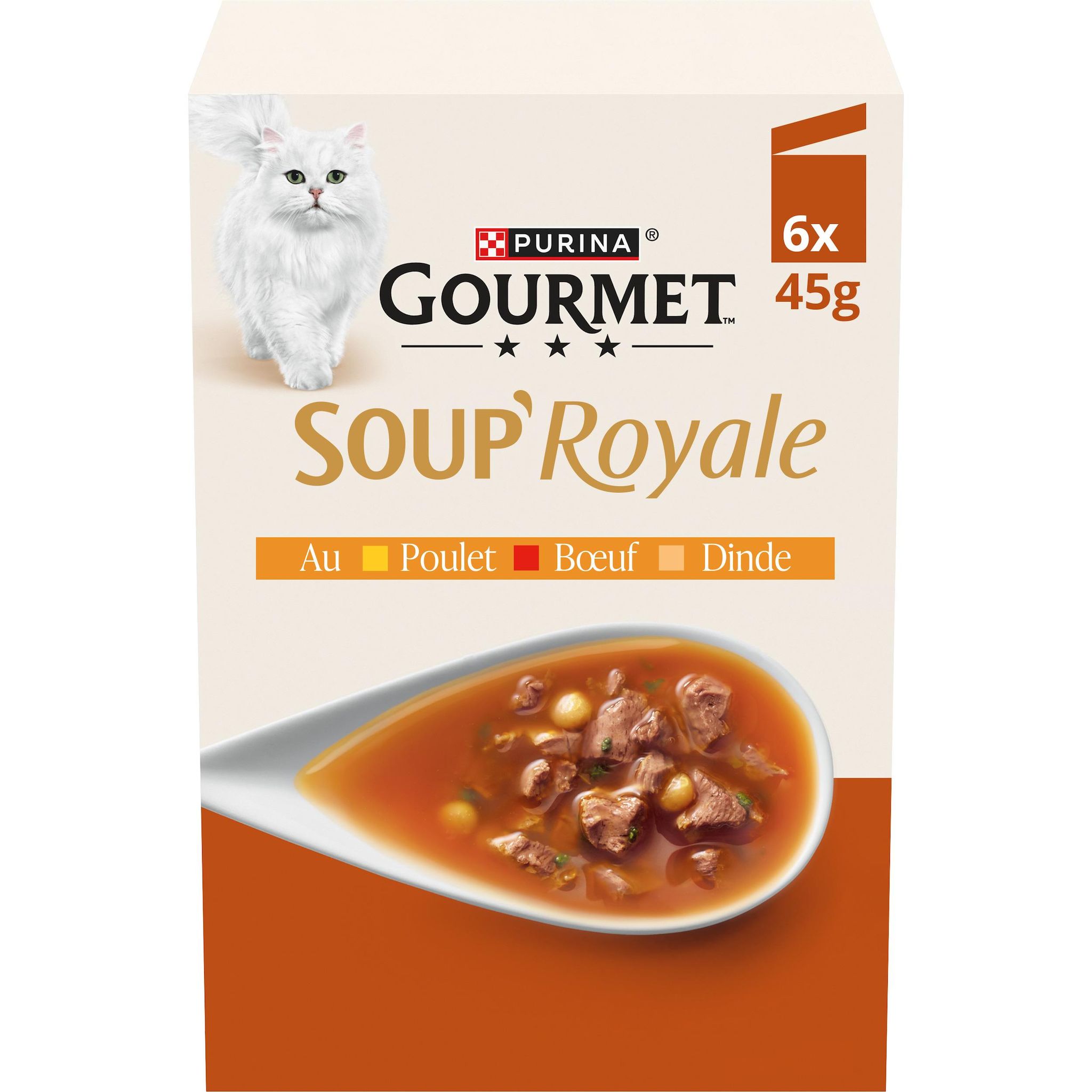 PURINA Gourmet Soup' Royale Sachets repas au poulet boeuf et dinde pour chat adulte 6 sachets 6x45g