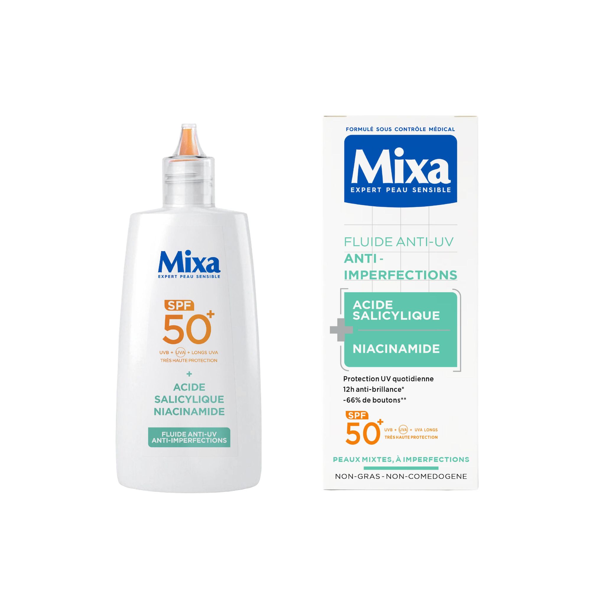 MIXA Fluide anti-uv anti-imperfections à l'acide salicylique niacinamide SPF50+ 40ml