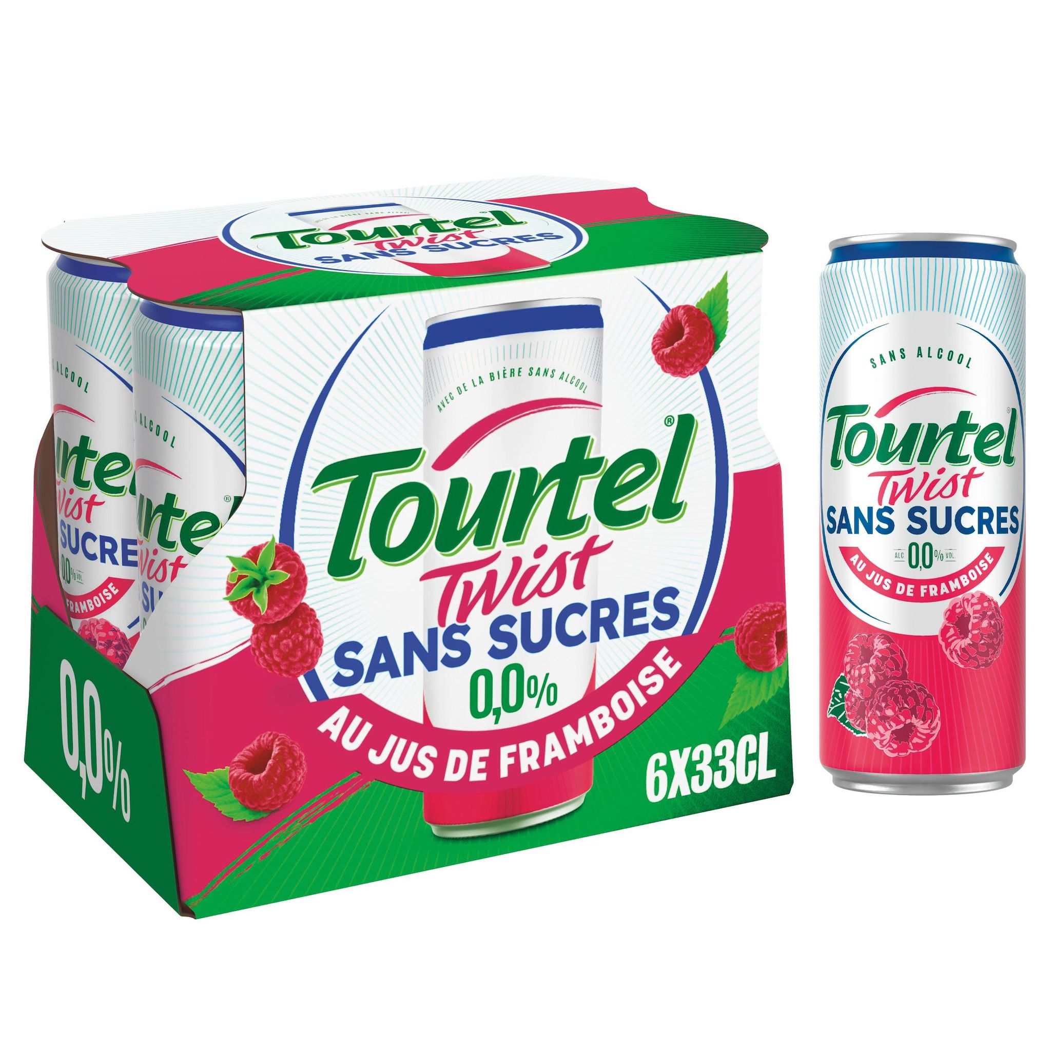 TOURTEL TWIST Boisson aromatisée 0.0% à base de bière sans alcool et au jus de framboise sans sucres ajoutés boîte 6x33cl