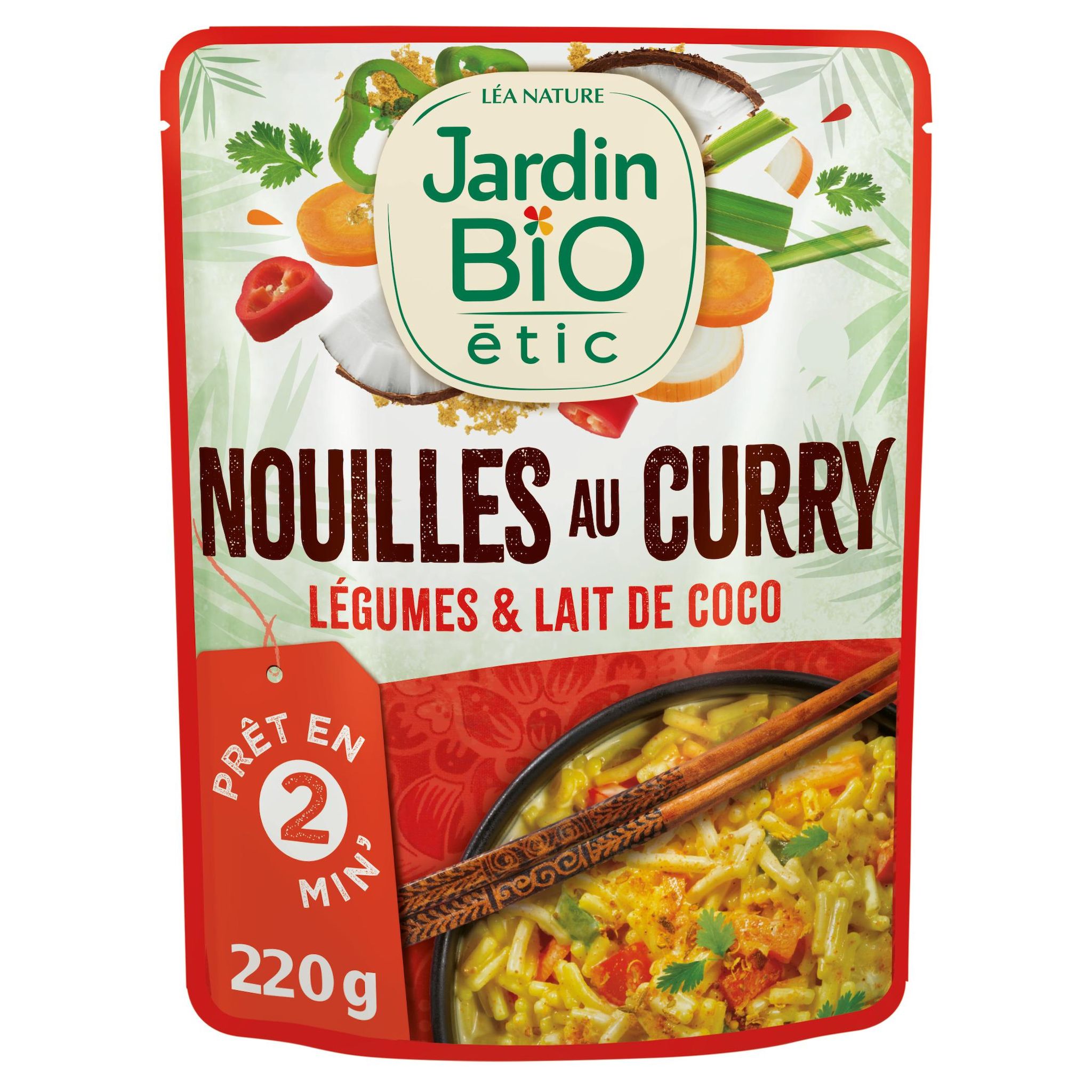 JARDIN BIO Nouilles au curry et légumes au lait de coco sachet express 220g