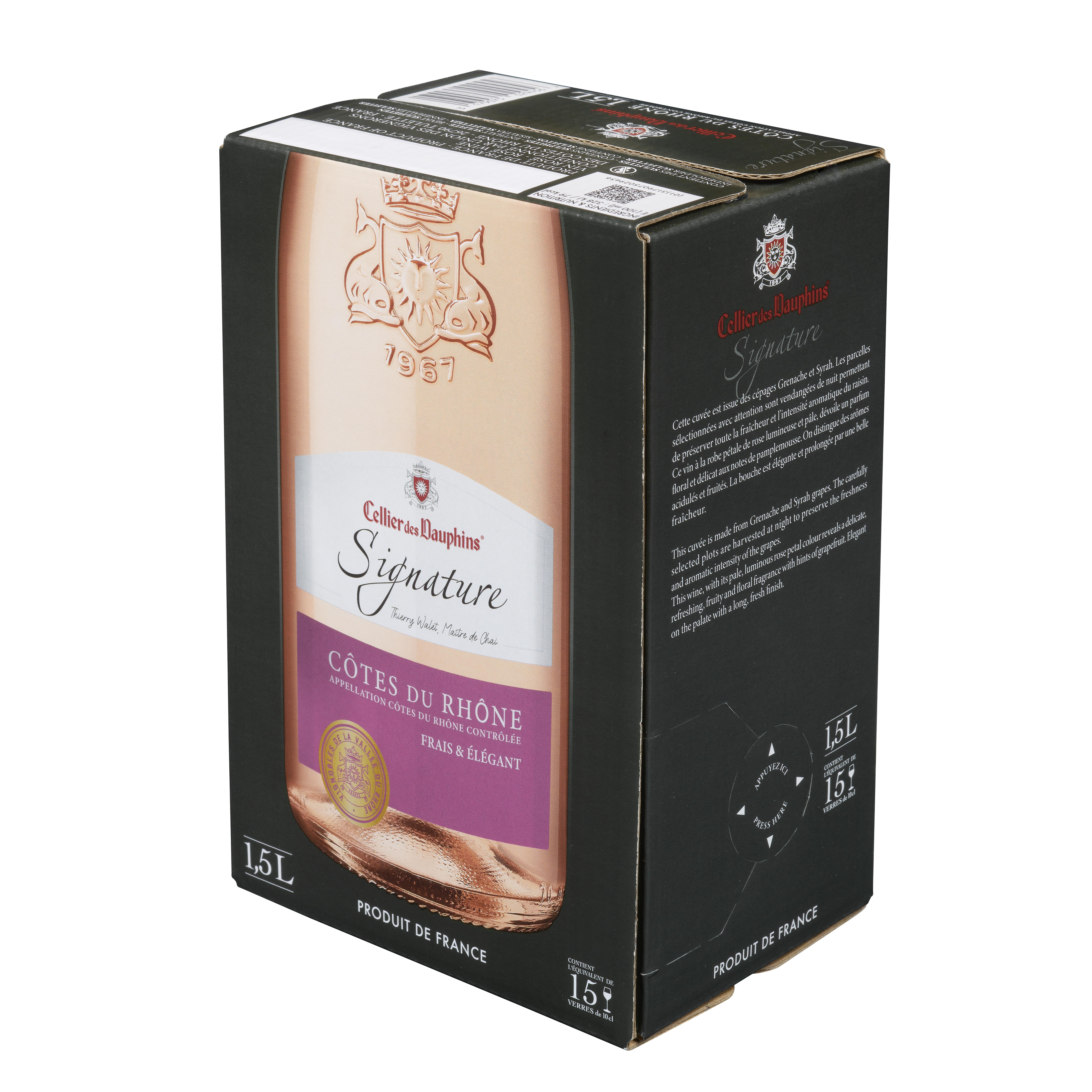 Vin côtes du rhône rosé cellier des dauphins 1,5l