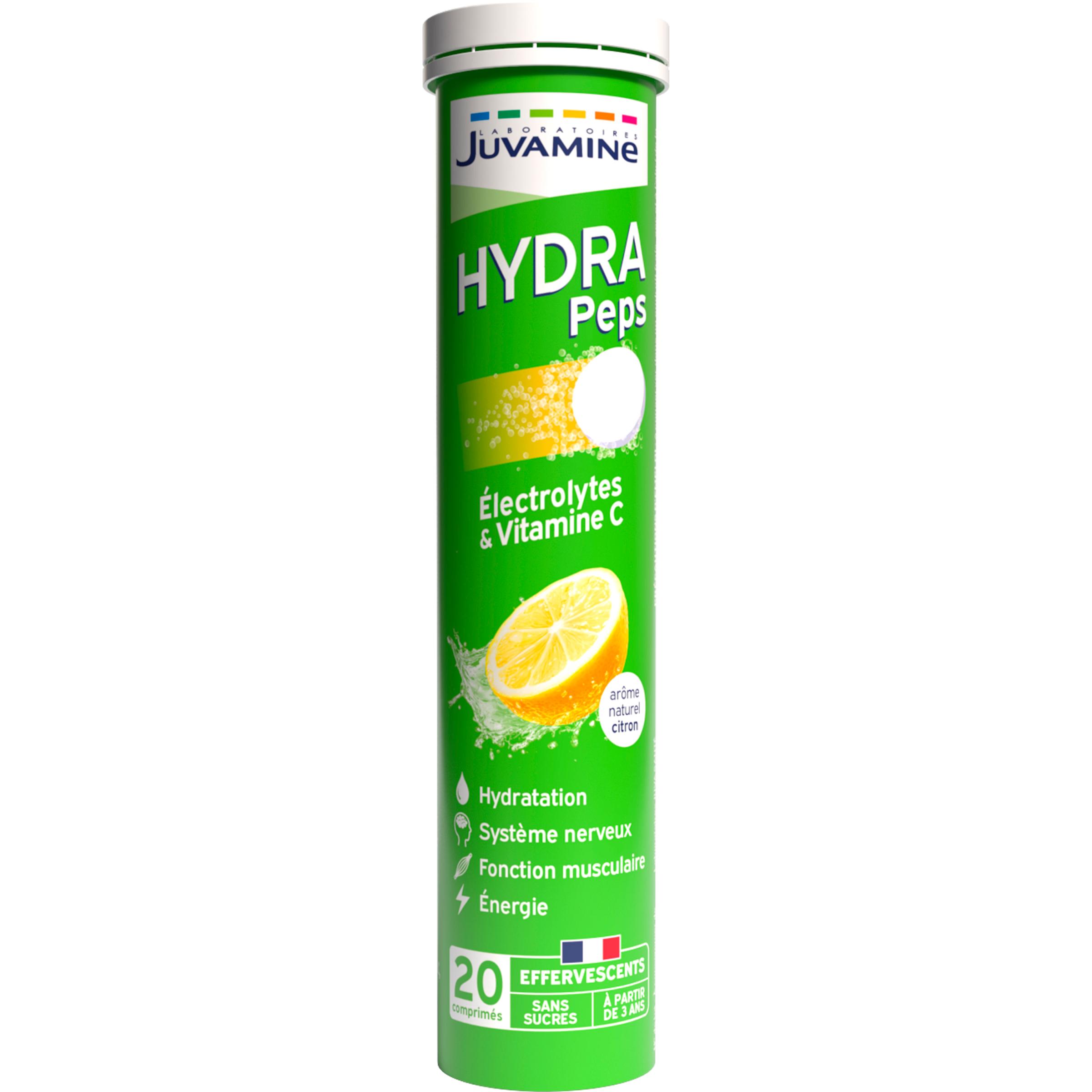 JUVAMINE Hydra peps électrolytes et vitamine C arôme naturel de citron effervescent 20 comprimés 61g