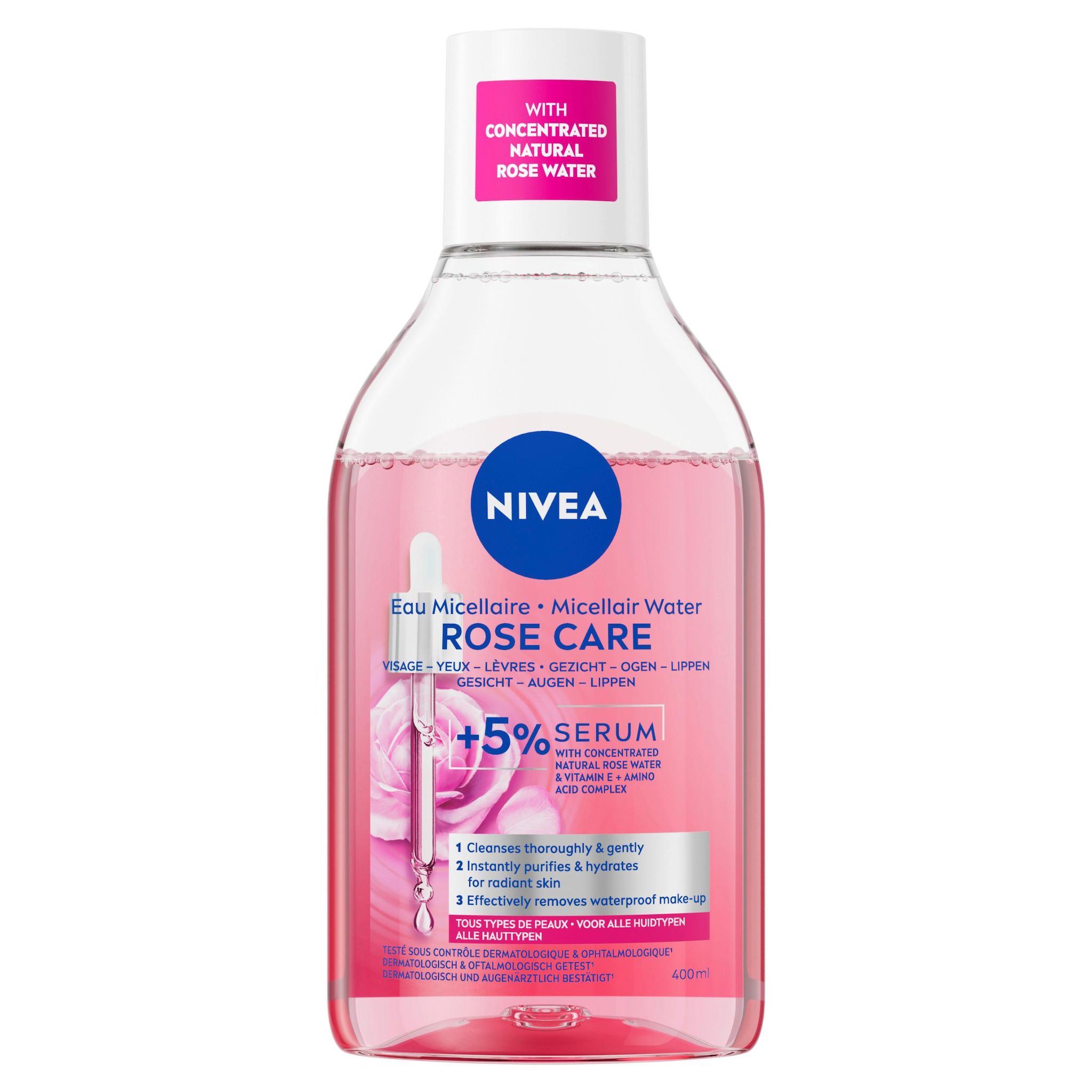 NIVEA Eau micellaire rose care +5% sérum visage, yeux et lèvres tous types de peaux 400ml