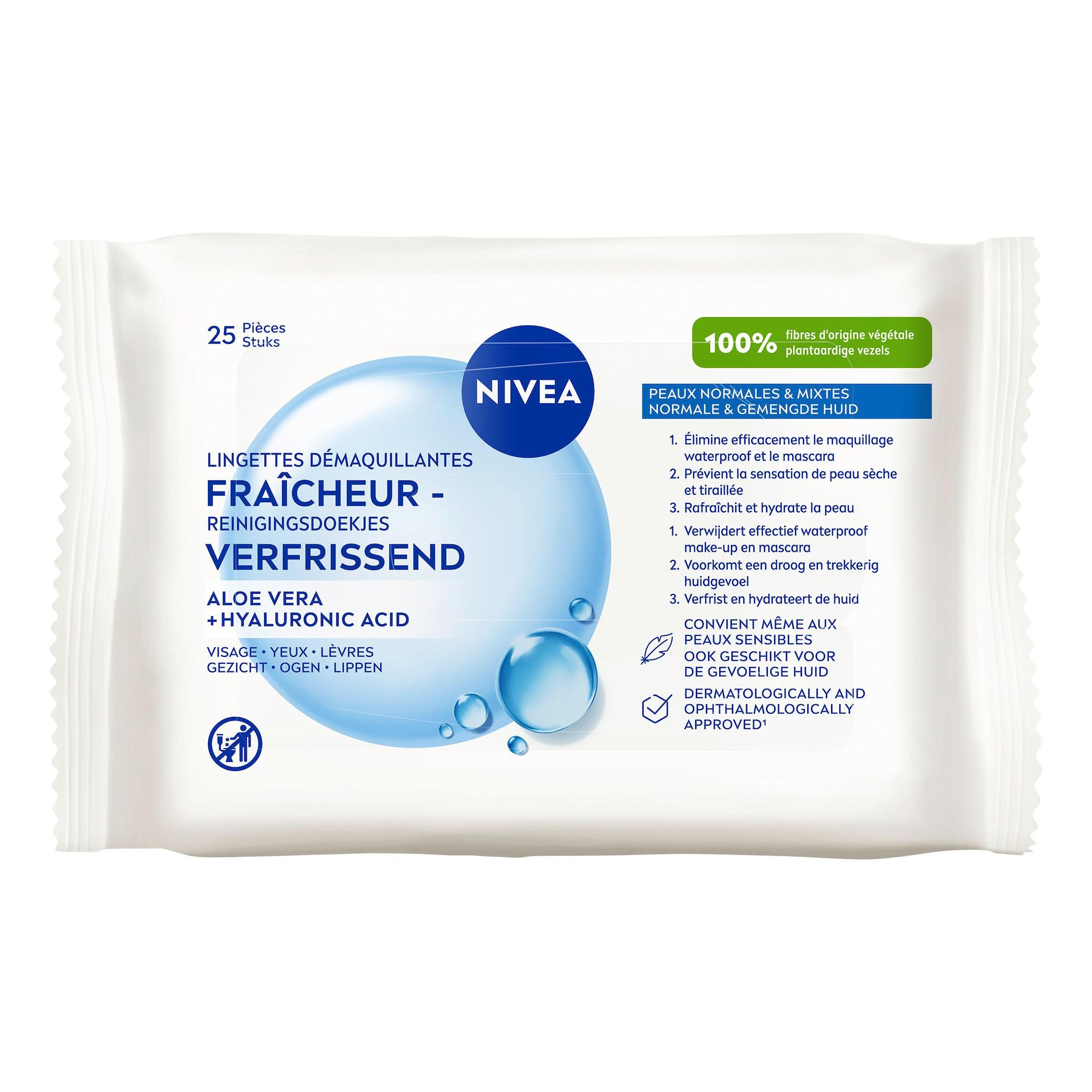 NIVEA Lingettes démaquillantes fraîcheur à l'aloé véra et acide hyaluronique visage yeux lèvres peaux normales à mixtes 25 lingettes