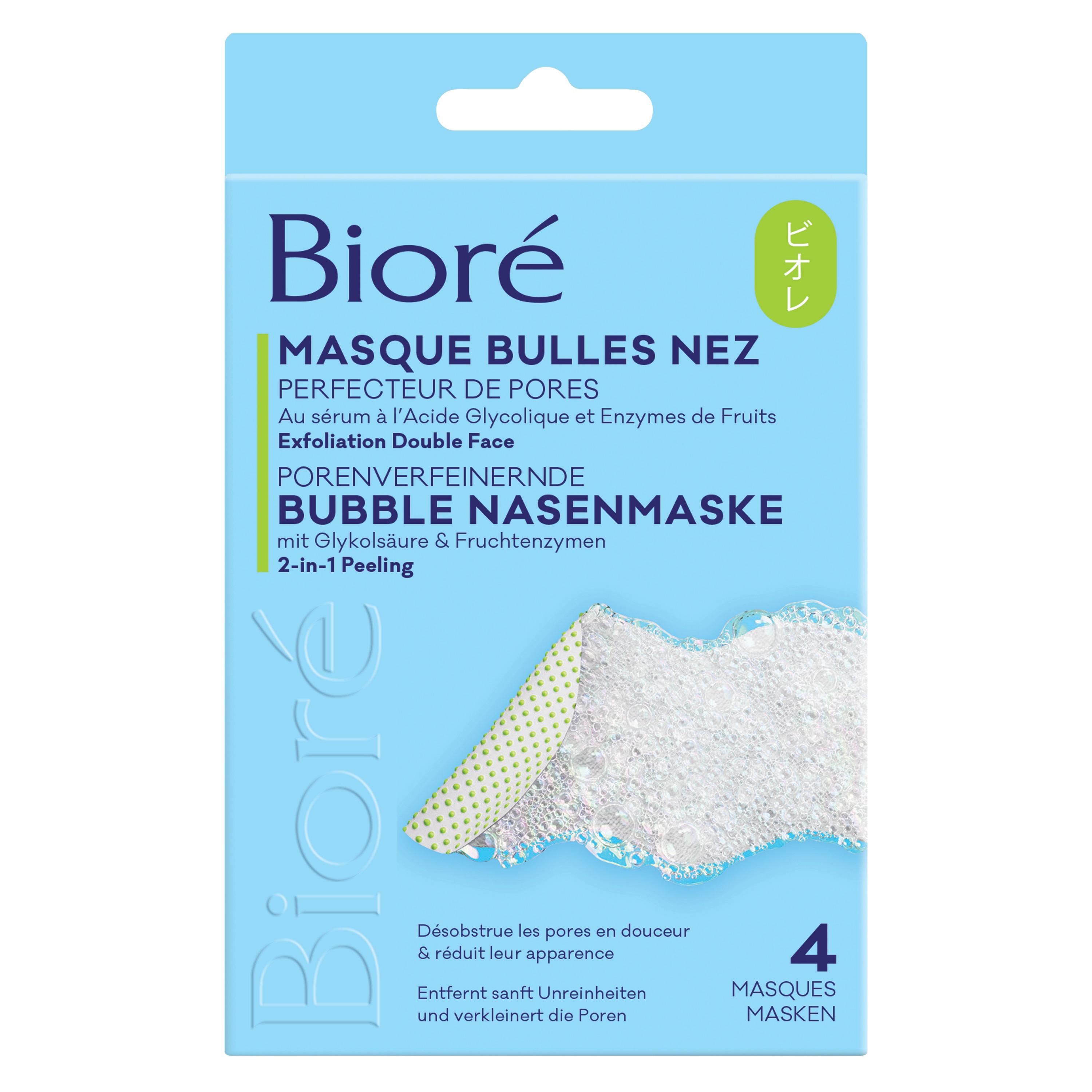 BIORE Masque bulles nez perfecteur de pores exfoliation double face à l'acide glycolique et enzymes de fruits 4 pièces