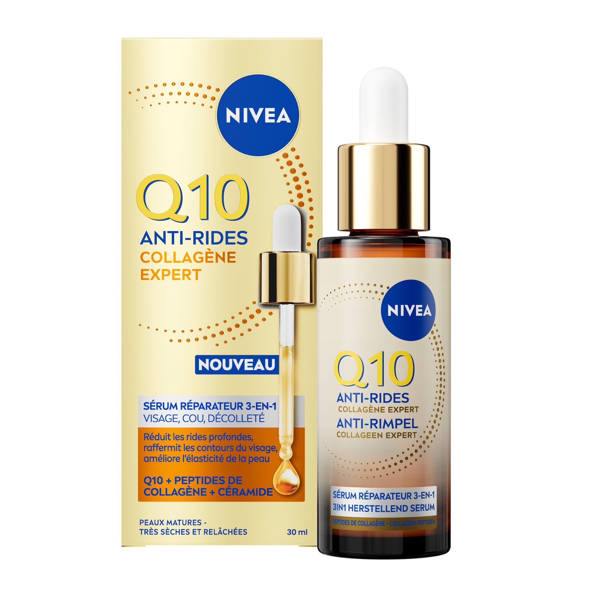 NIVEA Q10 Anti-Rides Collagène Expert Sérum réparateur 3 en 1 visage, cou, décolleté peaux matrues très sèches et relâchées 30ml