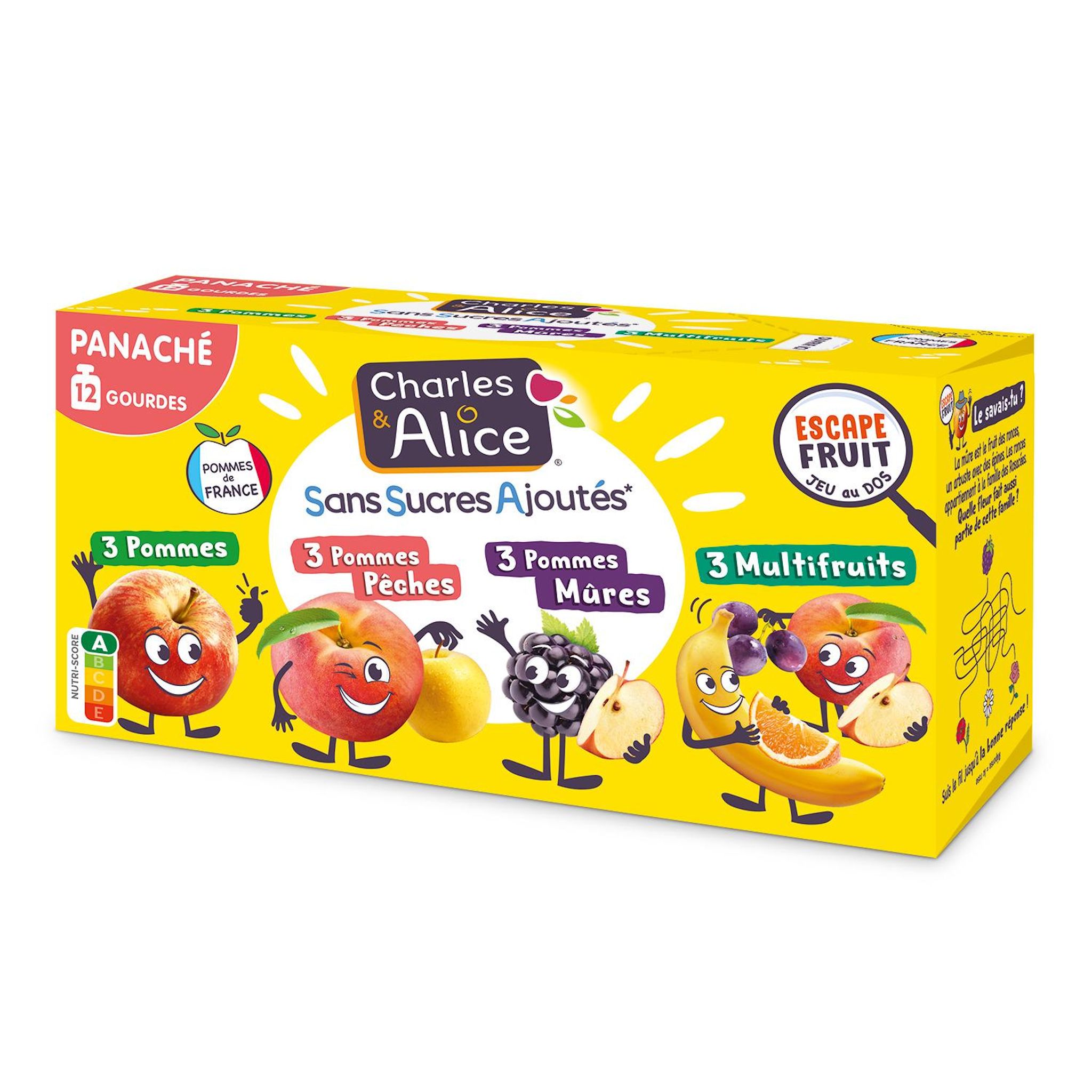 CHARLES & ALICE Gourdes compotes pommes pêches mûres multifruits sans sucres ajoutés 12x90g