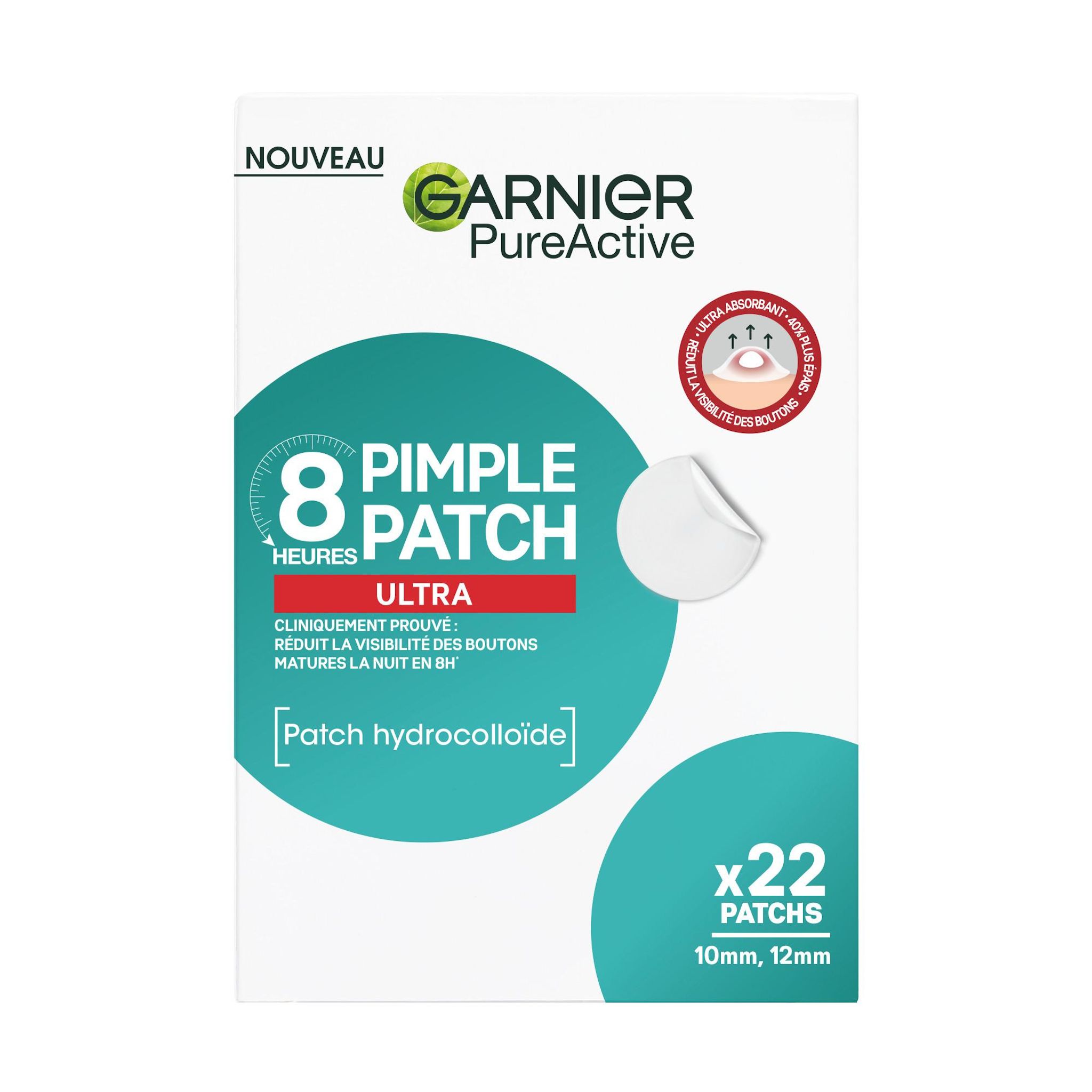 GARNIER Pure Active Pimple patch ultra 8H à l'hydrocolloïde 10mm 12mm 22 patchs