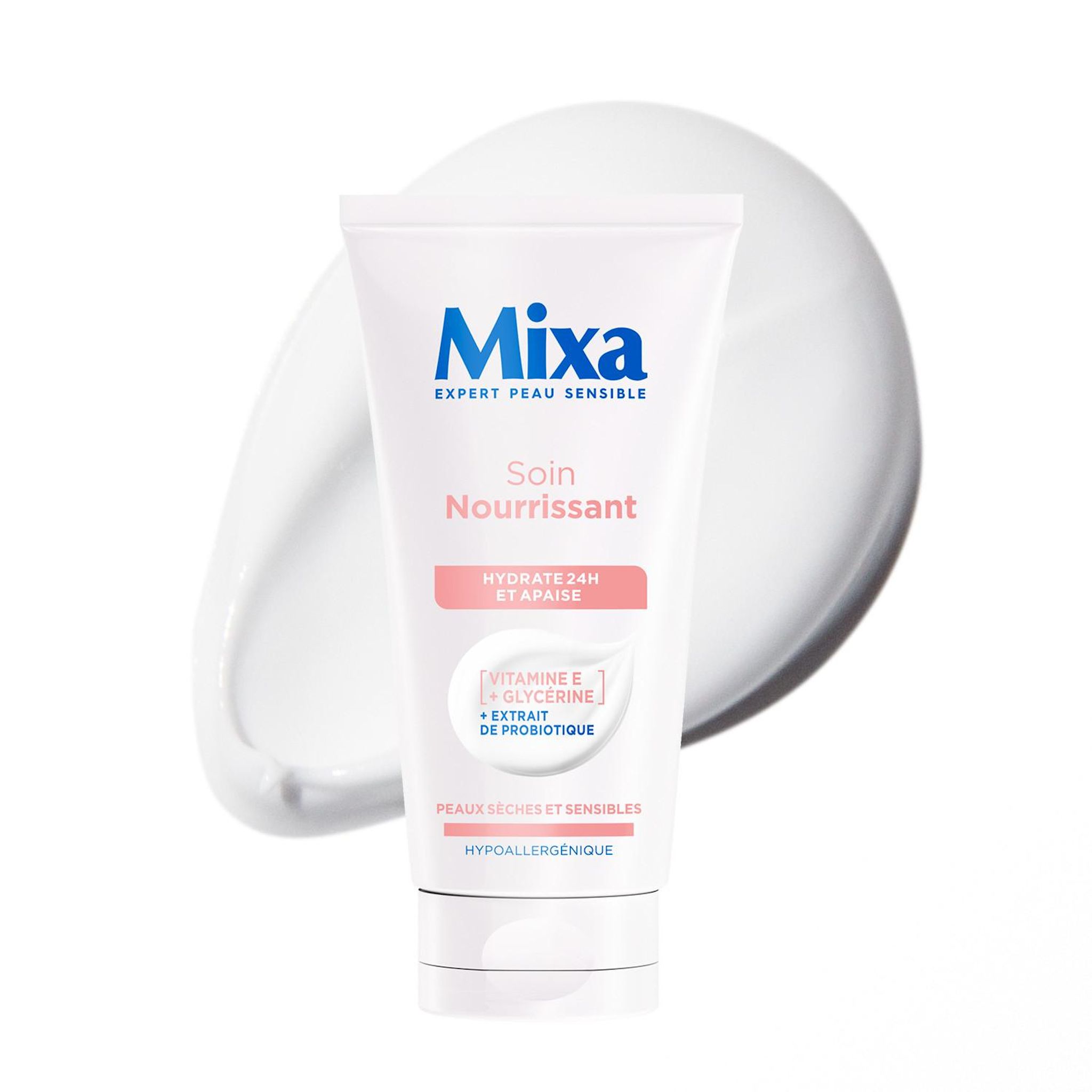 MIXA Soin nourrissant hydrate 24H et apaise vitamine E, glycérine peaux sèches et sensibles 50ml