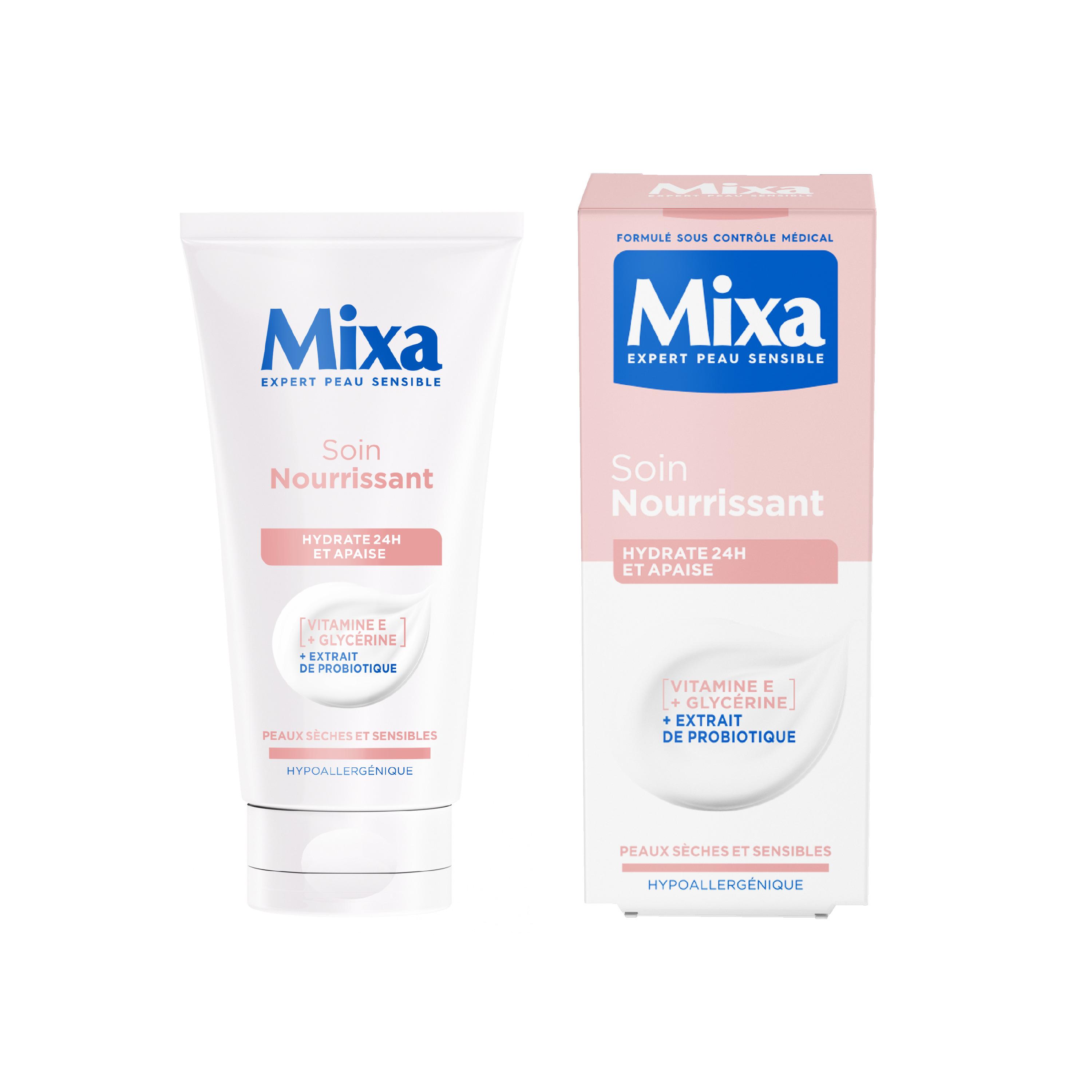 Voir la diapositive 2 : MIXA Soin nourrissant hydrate 24H et apaise vitamine E, glycérine peaux sèches et sensibles 50ml