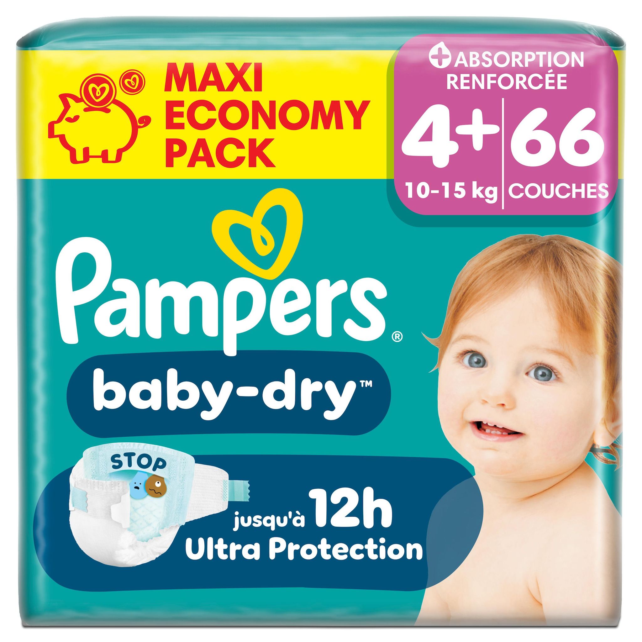PAMPERS Baby Dry couches taille 4+ (10-15kg) 66 couches