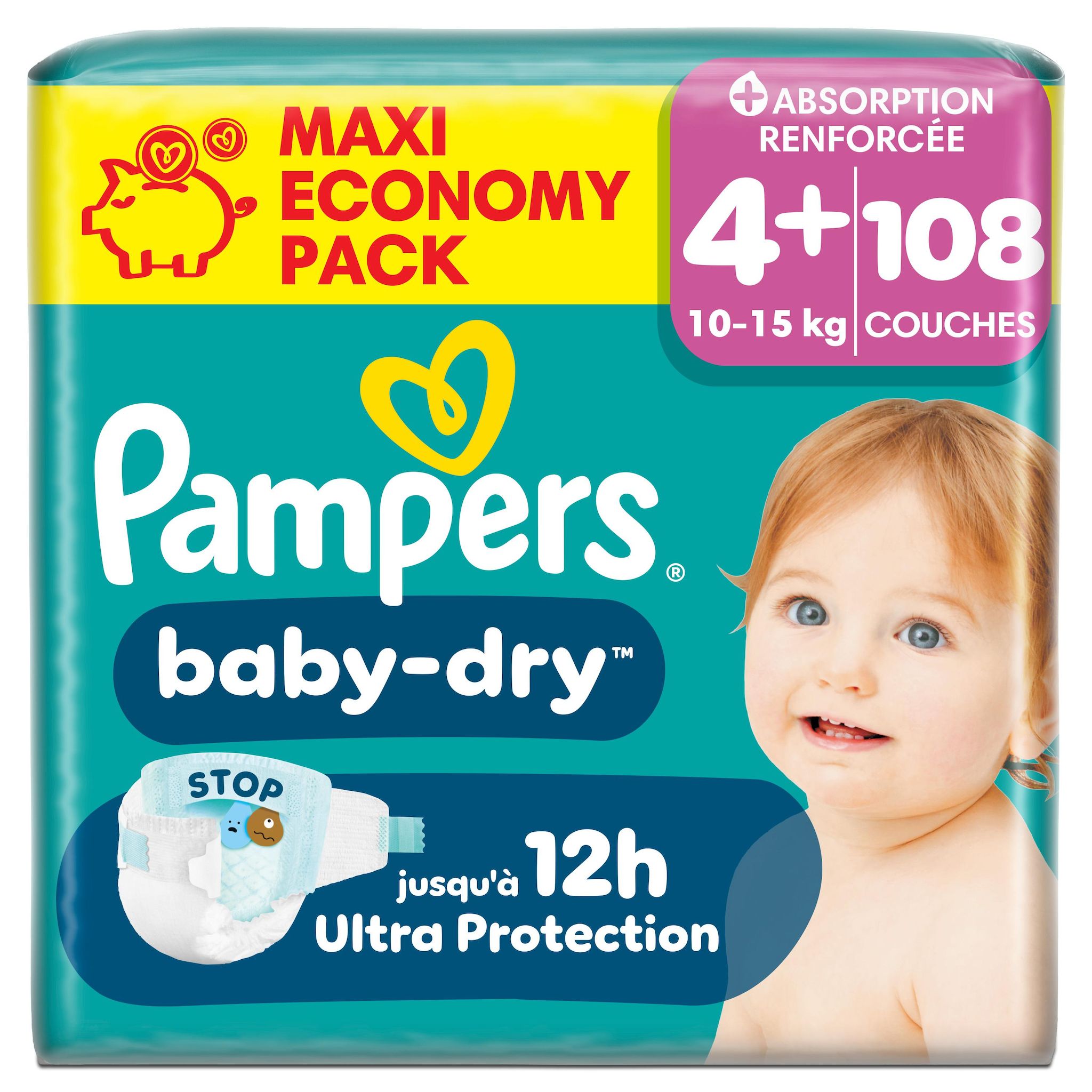 PAMPERS Baby Dry couches taille 4+ (10-15kg) 108 couches